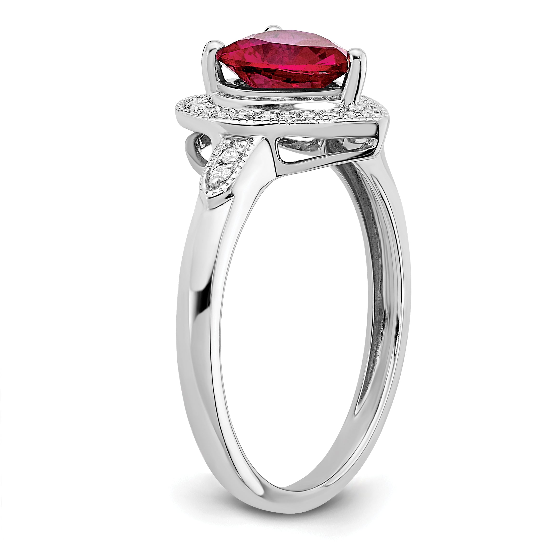 14k White Gold Heart Created Ruby and Diamond Halo Ring