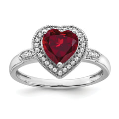 14k White Gold Heart Created Ruby and Diamond Halo Ring