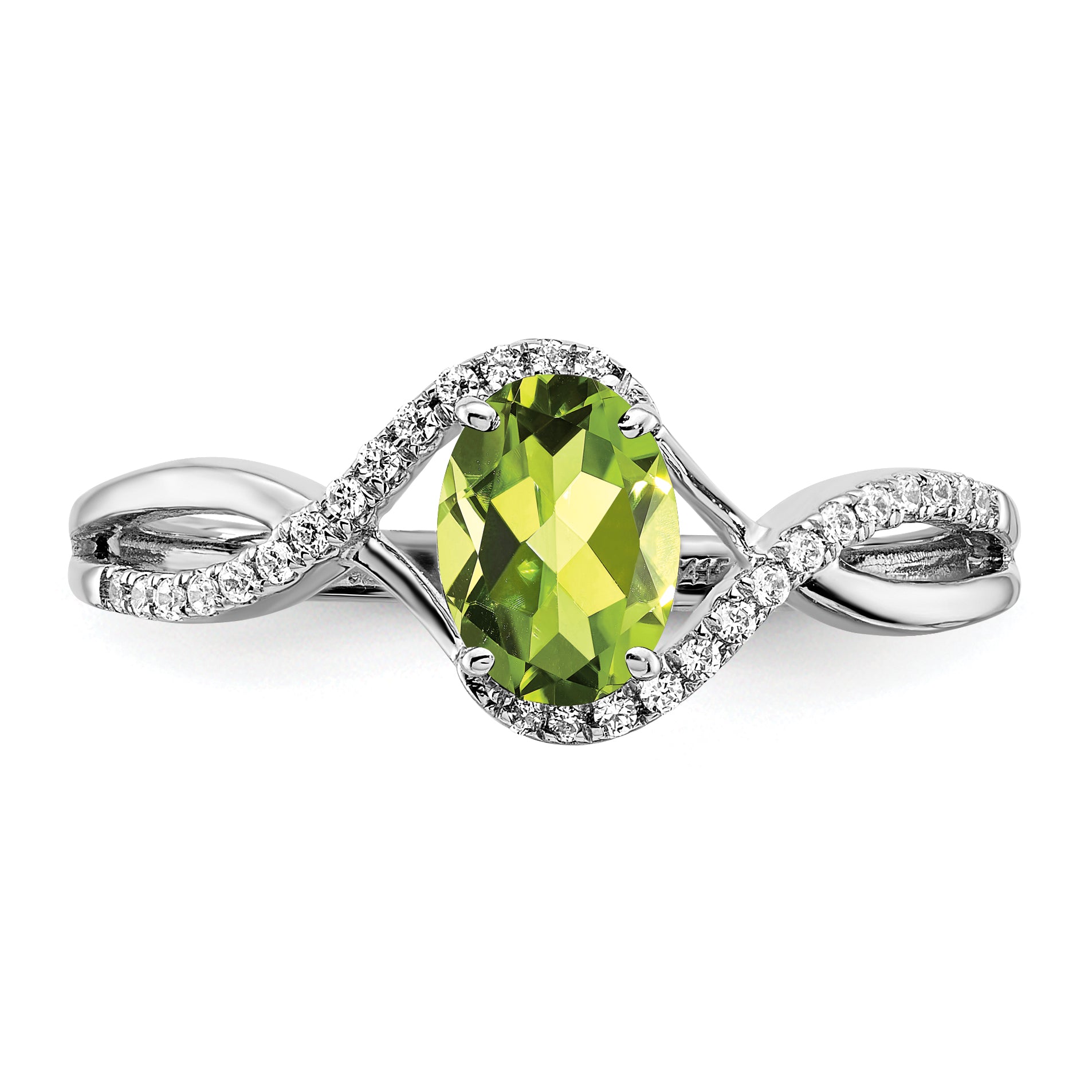 14k White Gold Oval Peridot and Diamond Twist Ring