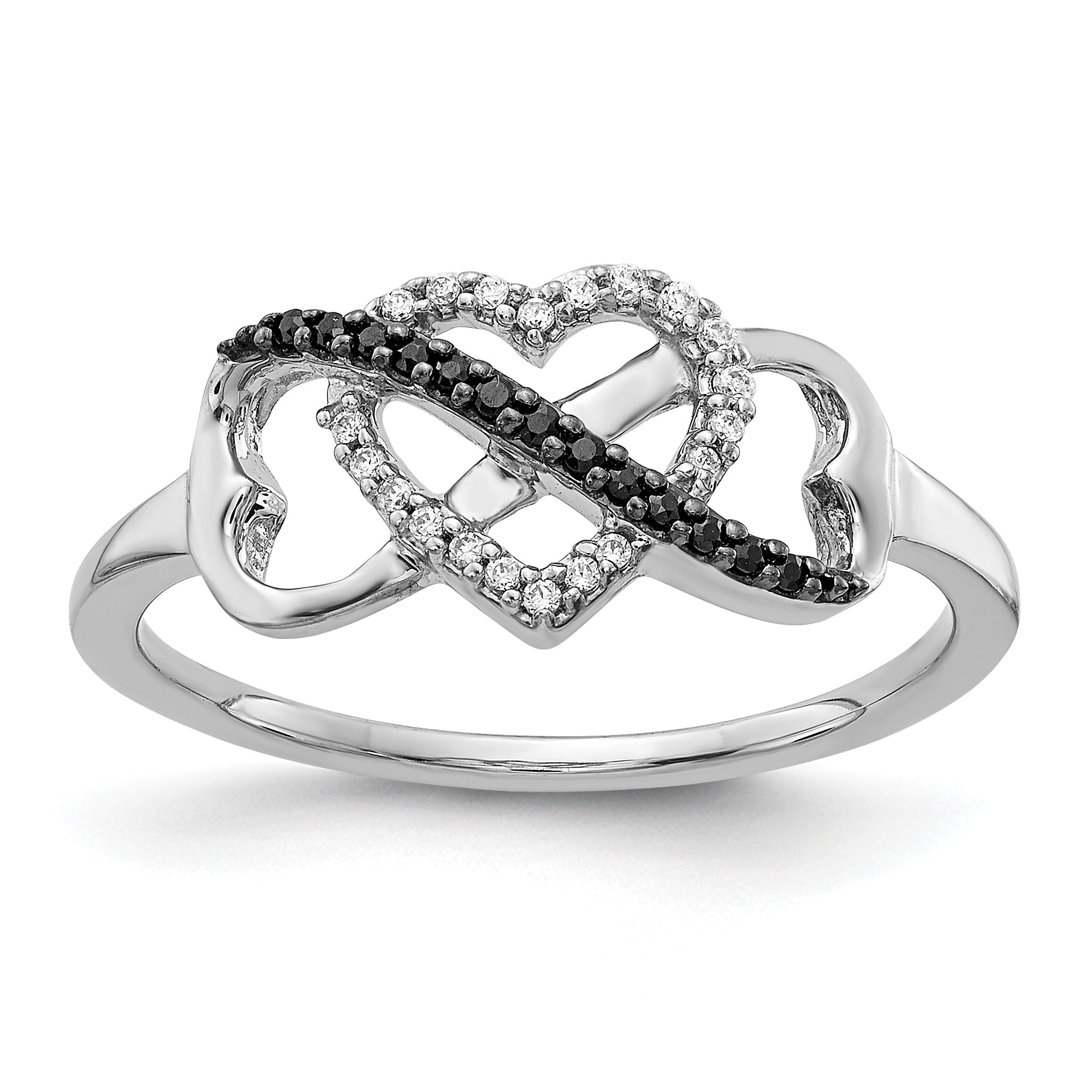 10K White Gold Black and White Diamond Infinity and Heart Ring Main image