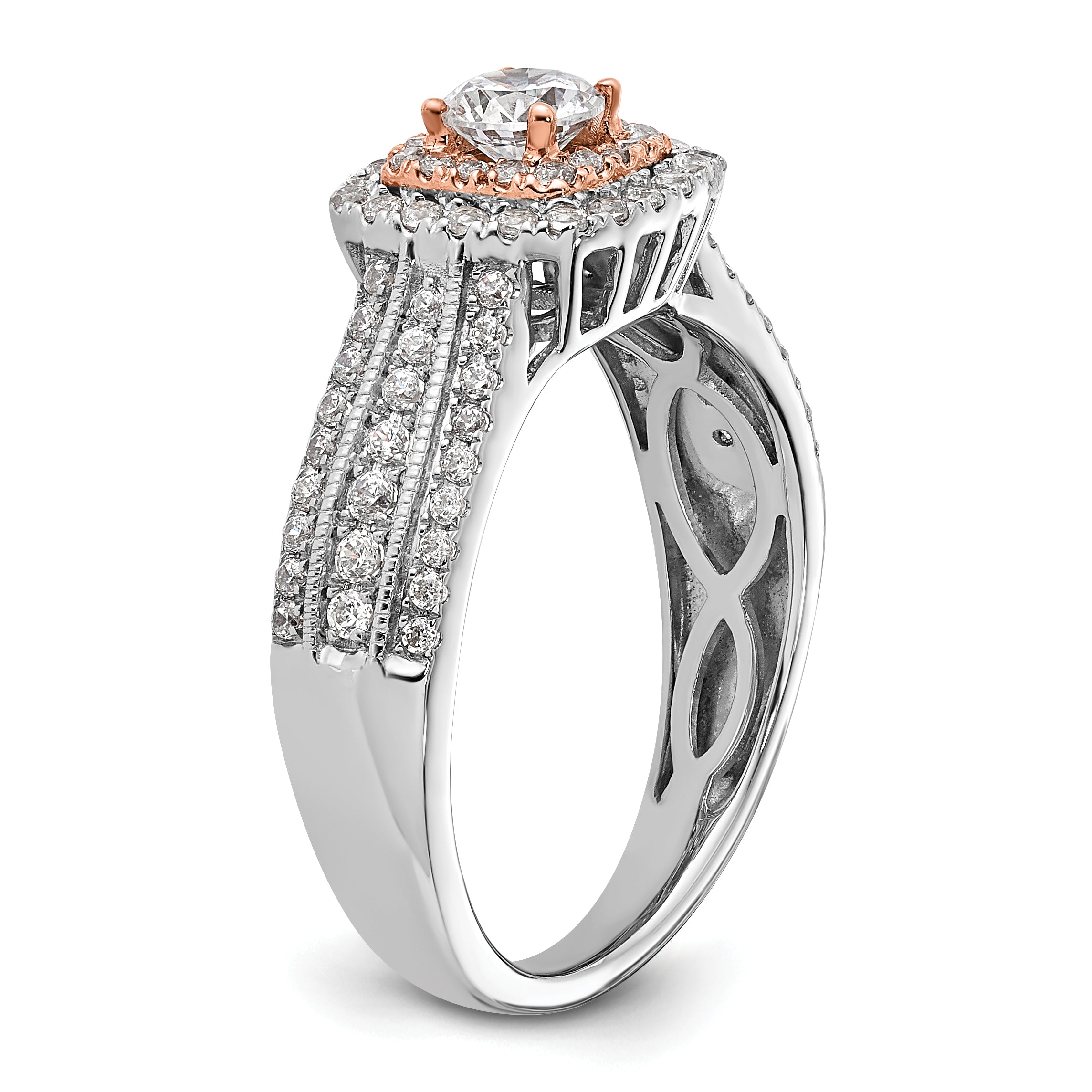 10k Two-Tone Rose and White Gold 7/8 carat Lab Grown Diamond VS/SI+ G+ Round Complete Fancy Halo Engagement Ring