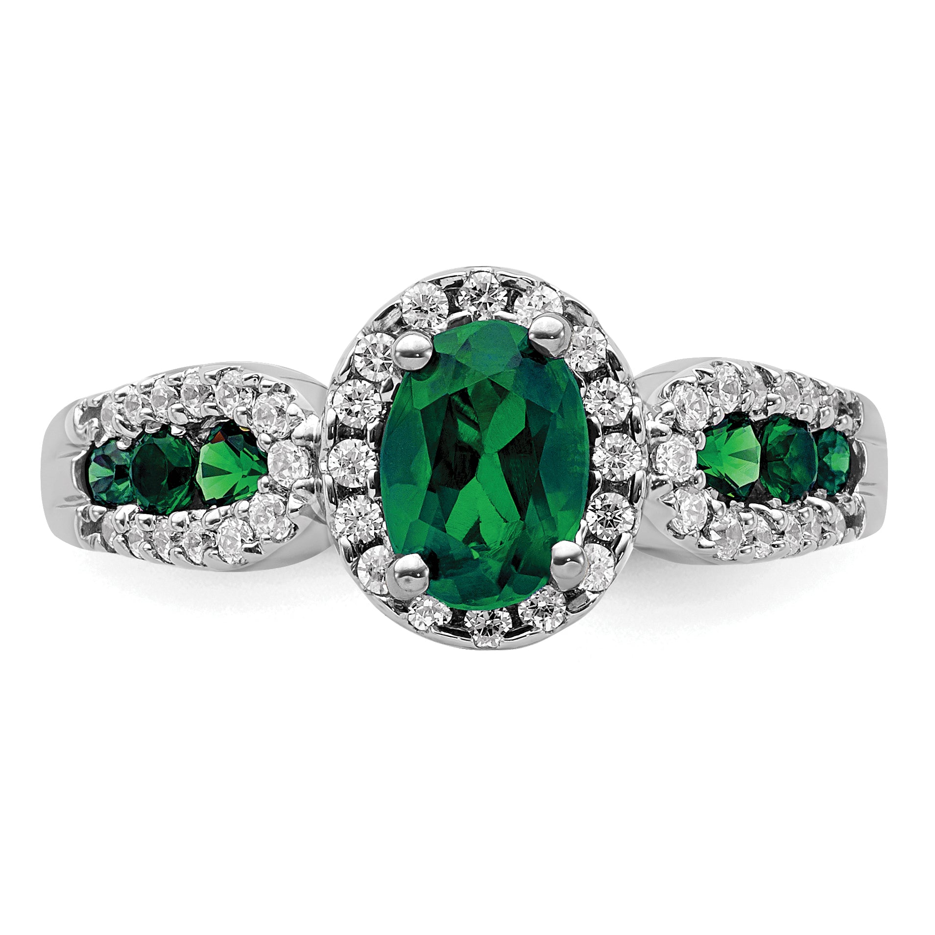 14k White Gold 1/3 carat Lab Grown Diamond VS/SI+ G+ and Oval Lab Created Emerald Ring