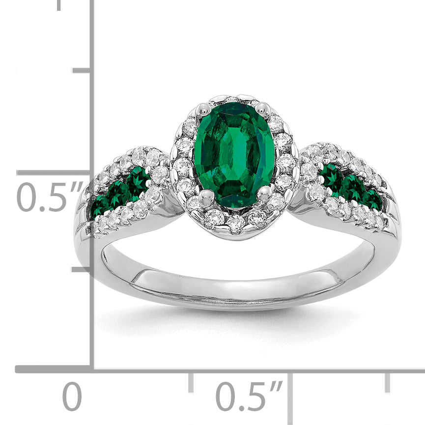 14k White Gold 1/3 carat Lab Grown Diamond VS/SI+ G+ and Oval Lab Created Emerald Ring