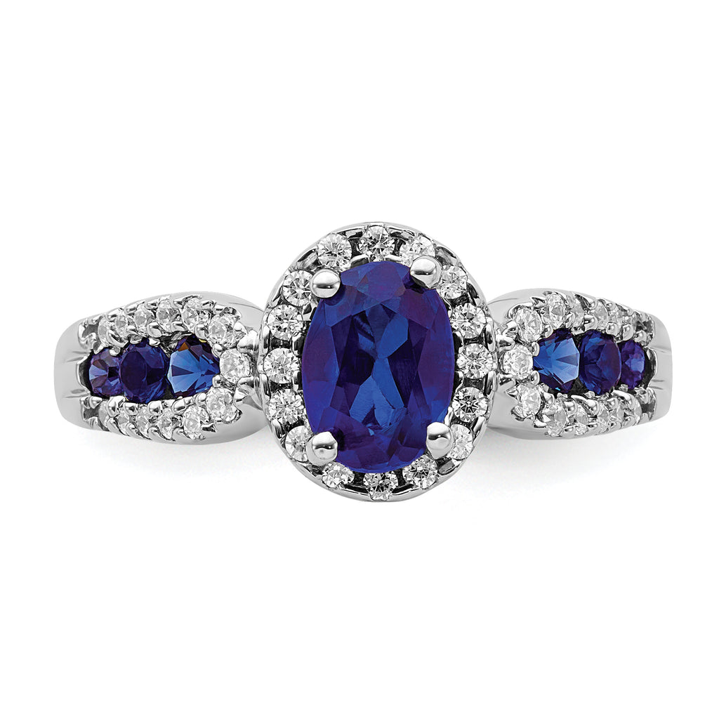 14k White Gold 1/3 carat Lab Grown Diamond VS/SI+ G+ and Oval Lab Created Blue Sapphire Ring