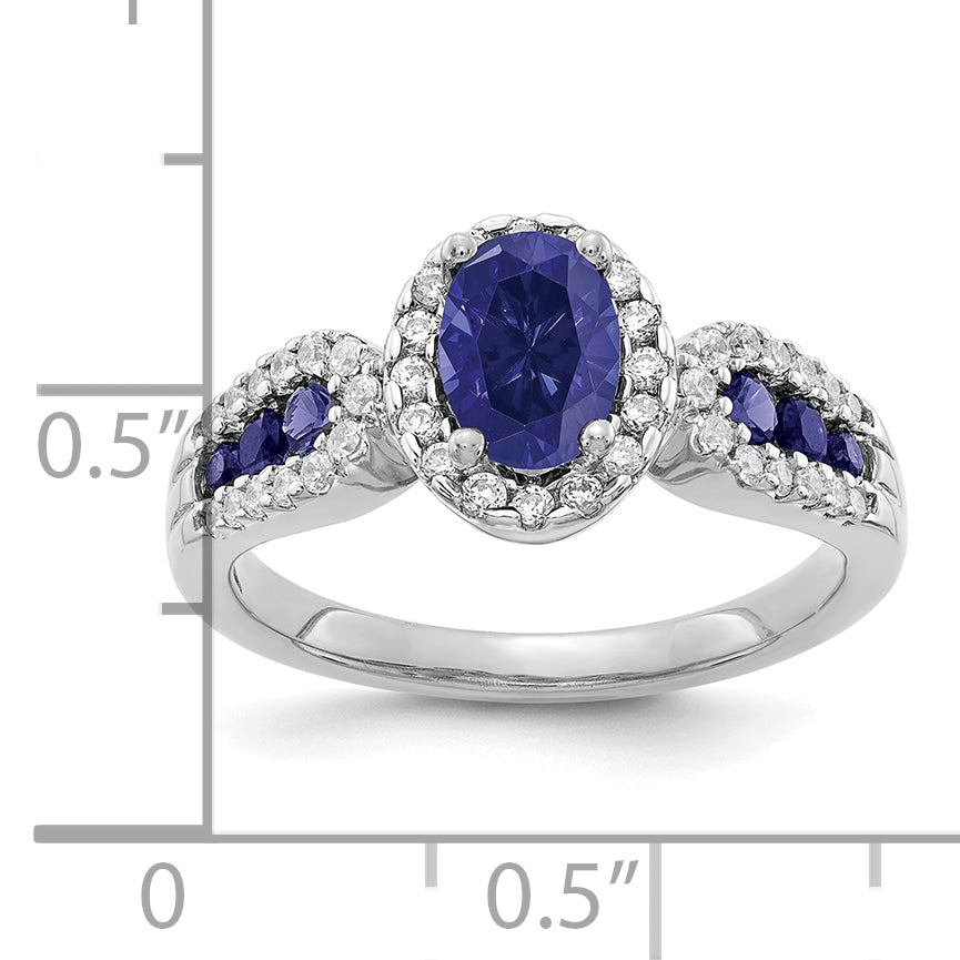 14k White Gold 1/3 carat Lab Grown Diamond VS/SI+ G+ and Oval Lab Created Blue Sapphire Ring