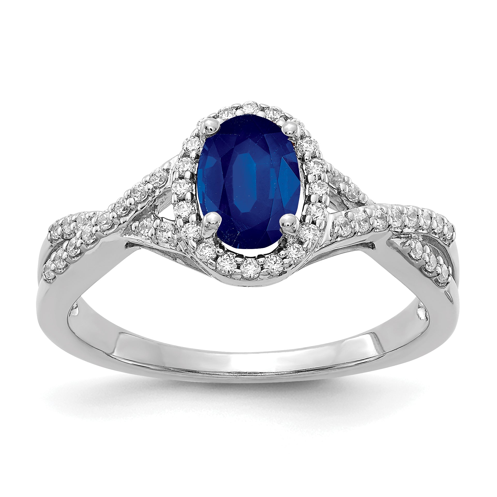 10k White Gold Diamond and Sapphire Oval Halo Ring Main image