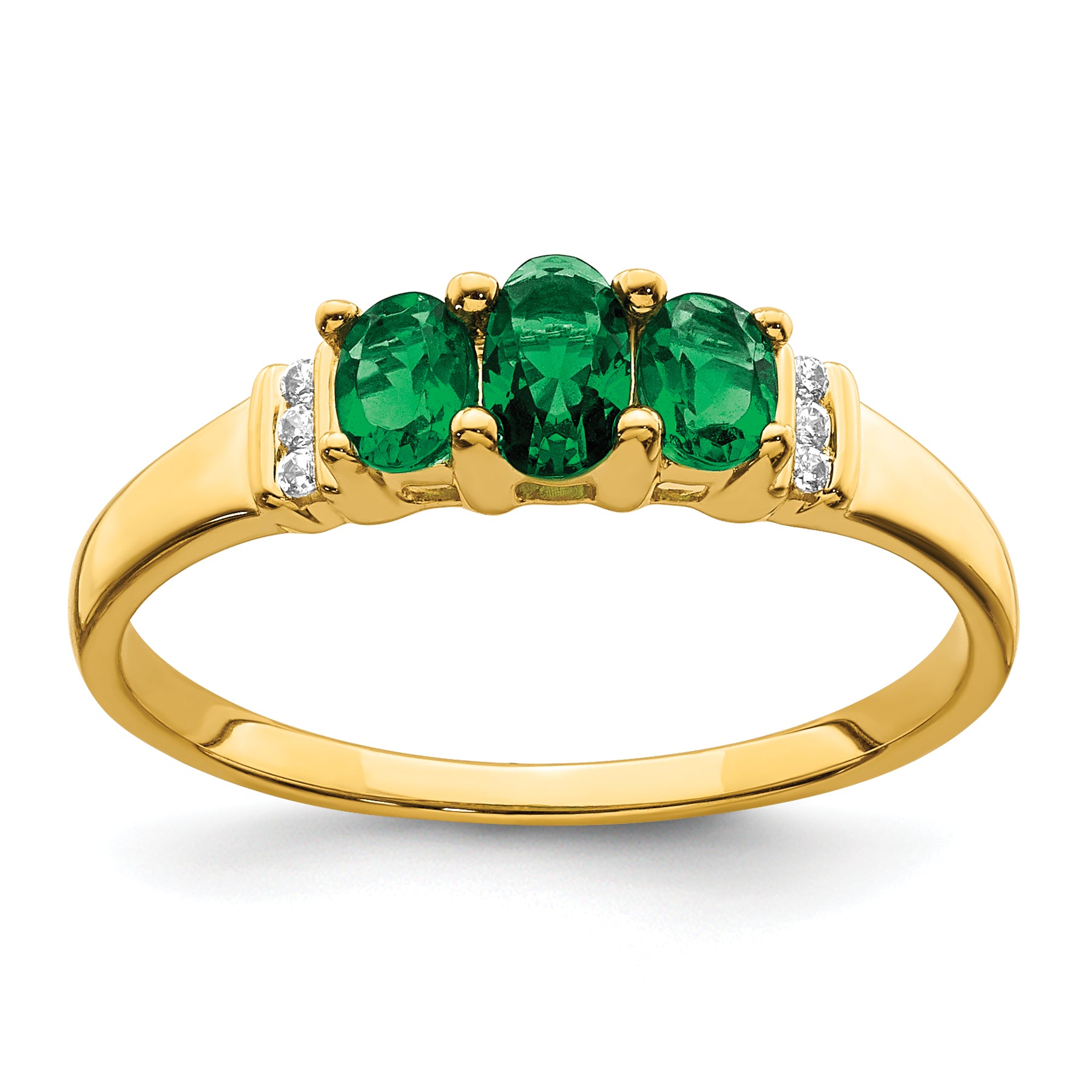 10k Polished Triple Emerald and Diamond 3-stone Ring Main image