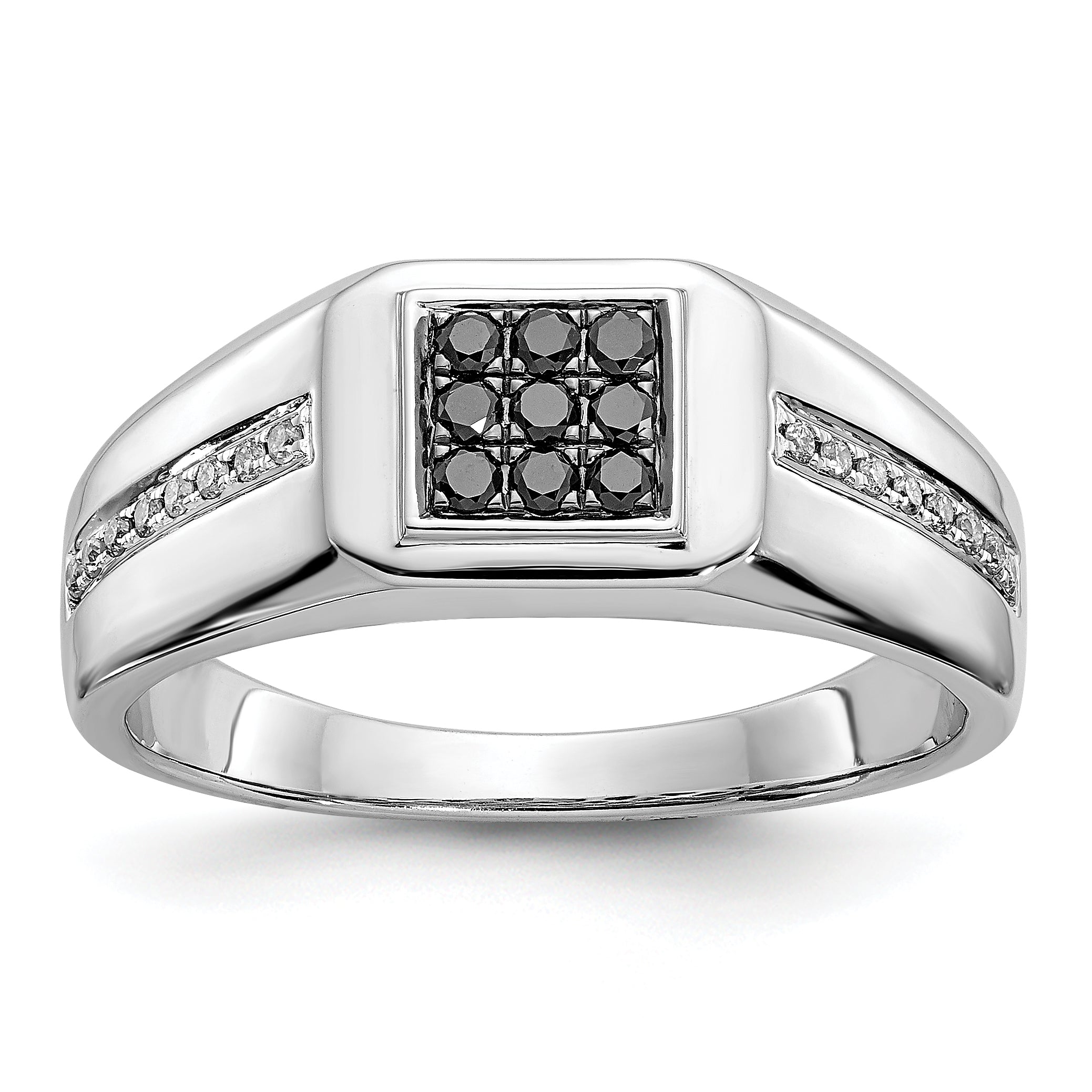 14k White Gold White and Black Diamond Square Mens Ring Main image