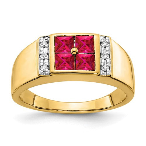 Men's Lab-Grown Diamond & Lab-Created Ruby Ring in 14K Yellow Gold (1/20 ct. tw.), Size 10 - Sophia Jewelers
