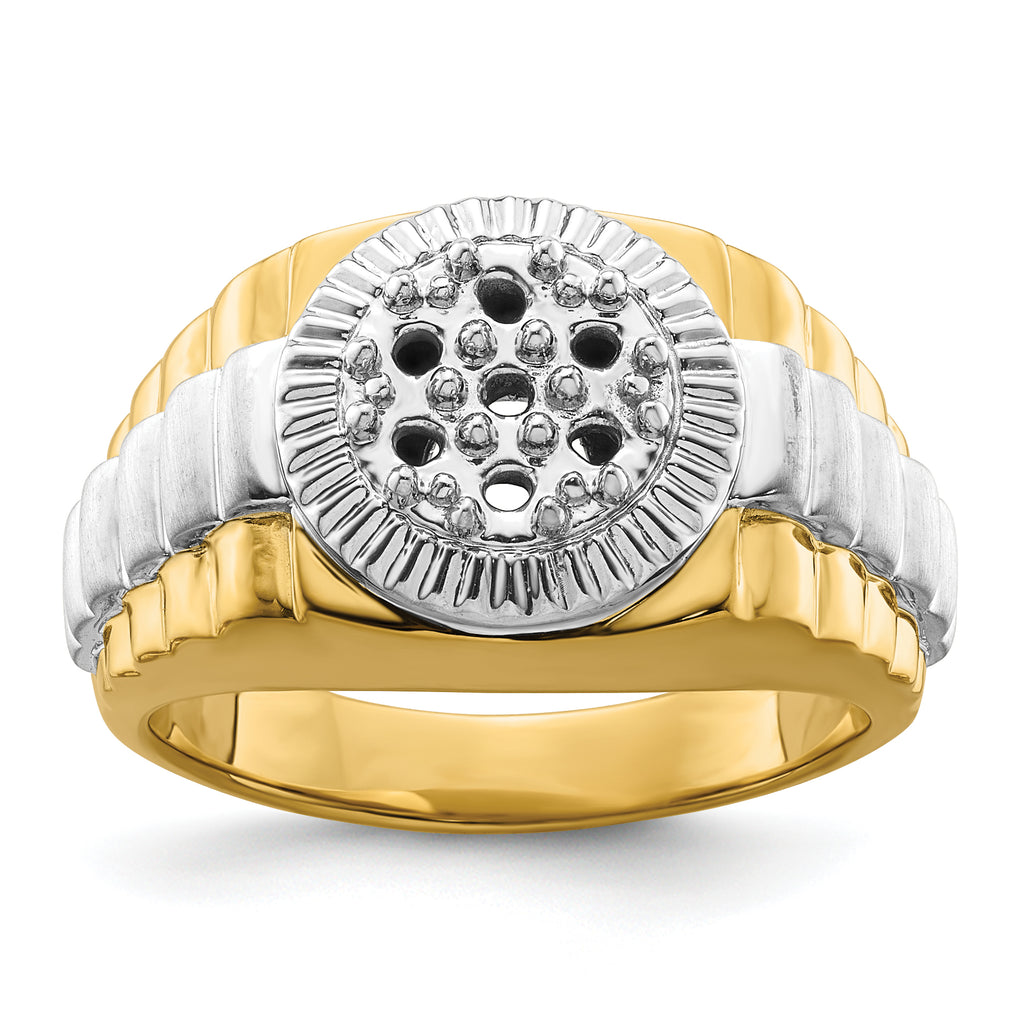 14k Two-tone Fancy Ridged-Sides Mens Diamond Ring Mounting (No Stones Included)