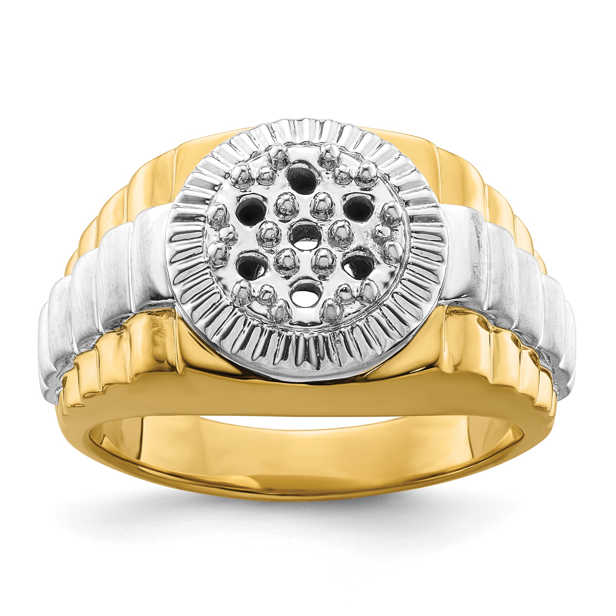 14k Two-tone Fancy Ridged-Sides Mens Diamond Ring Mounting (No Stones Included)