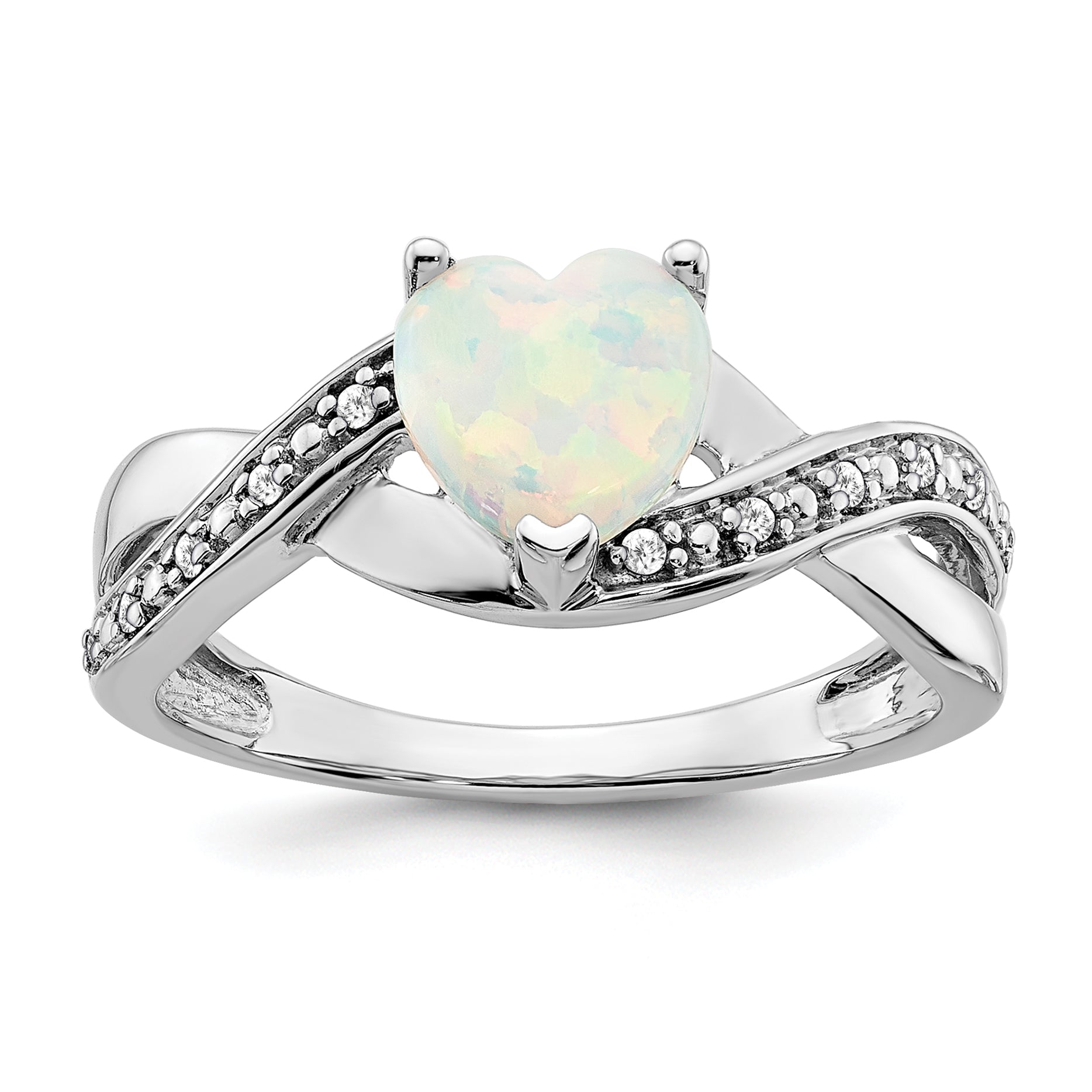 14k White Gold Created Opal and Diamond Heart Ring Main image