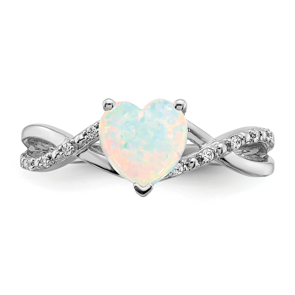  14k White Gold Created Opal and Diamond Heart Ring