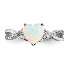  14k White Gold Created Opal and Diamond Heart Ring
