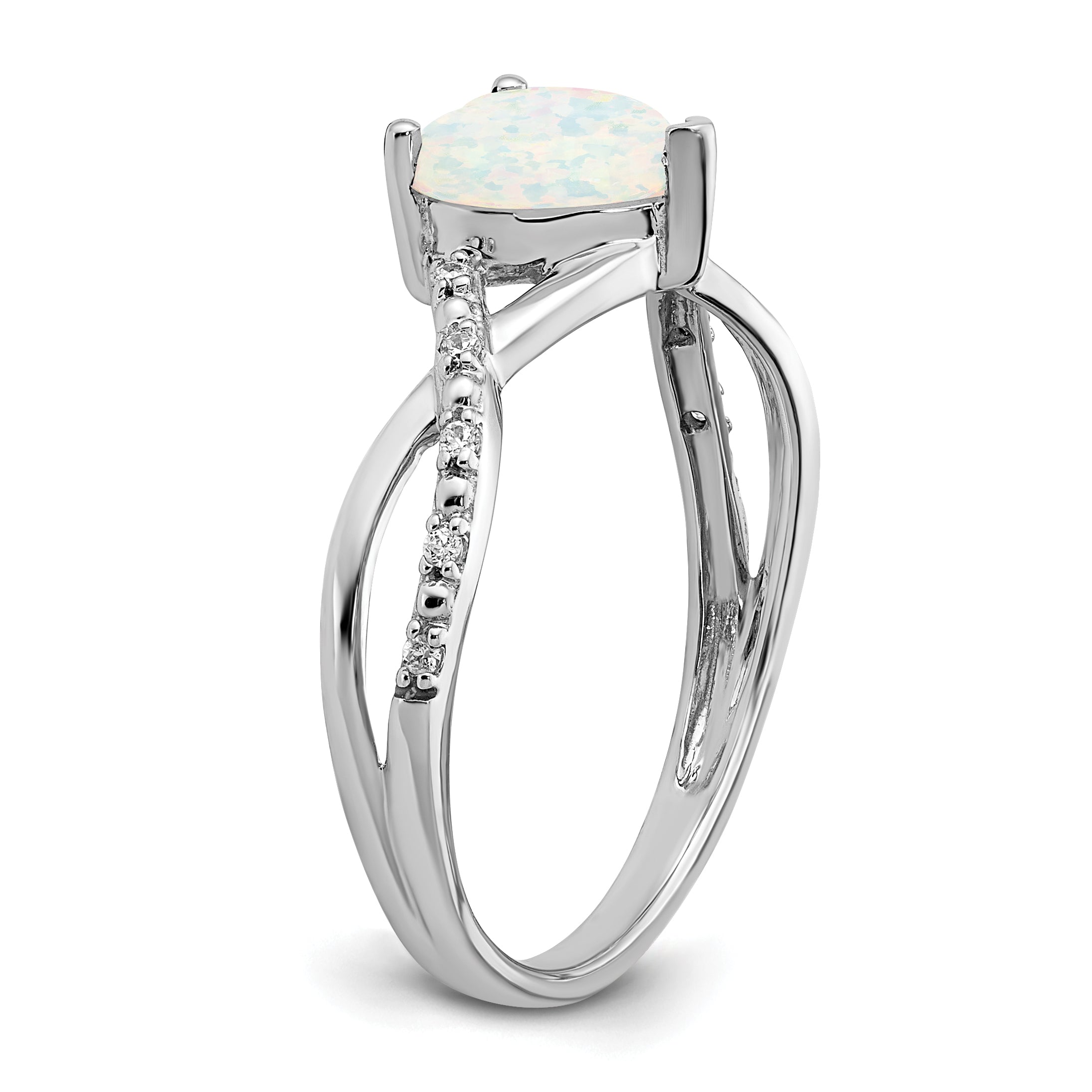  14k White Gold Created Opal and Diamond Heart Ring