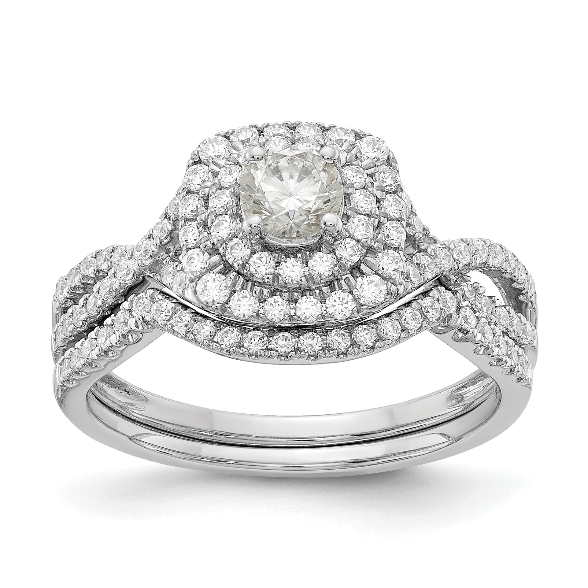 14k White Gold 3/4 carat Lab Grown Diamond VS/SI+ G+ Complete Round Double Halo Engagement Ring