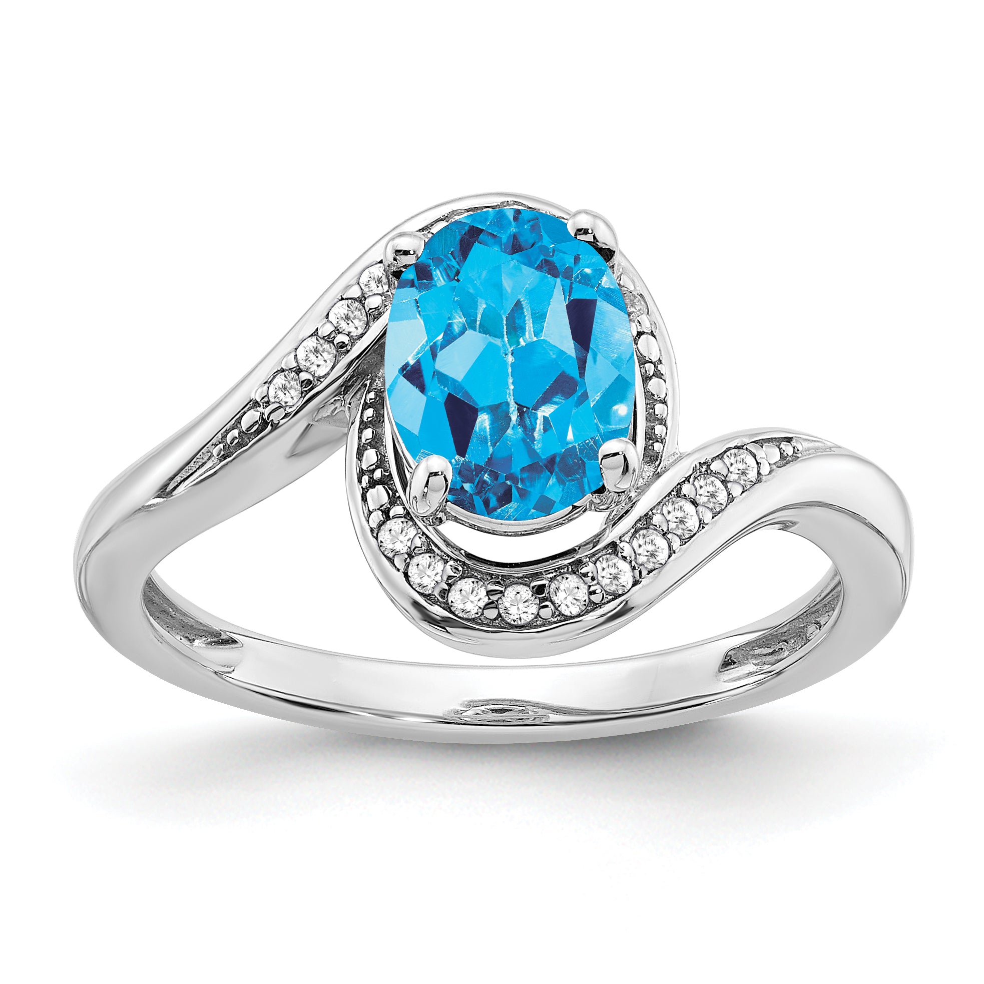 14k White Gold Oval Blue Topaz and Diamond Bypass Ring Main image