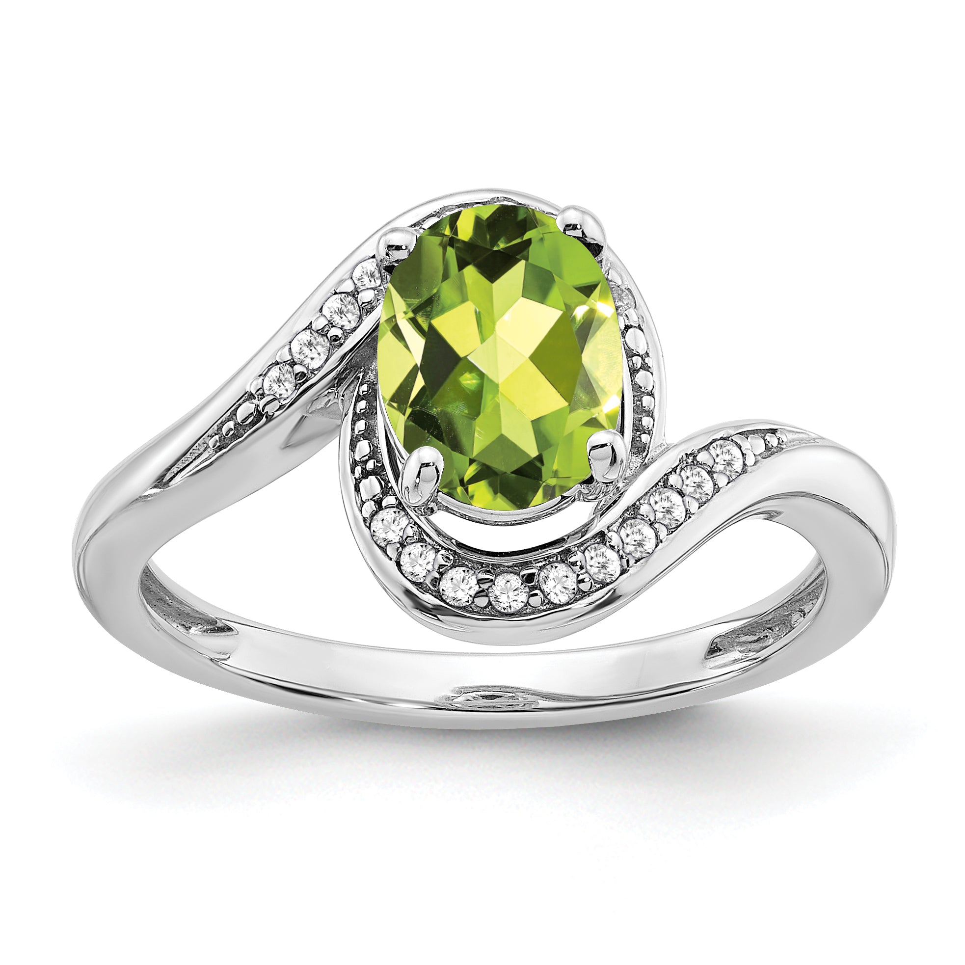 14k White Gold Oval Peridot and Diamond Bypass Ring Main image