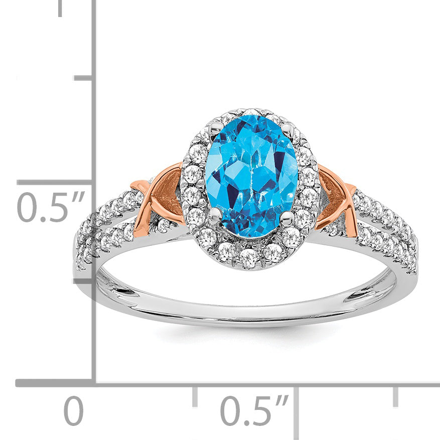 14k White Gold w/RG Accent Blue Topaz and Diamond Halo Ring