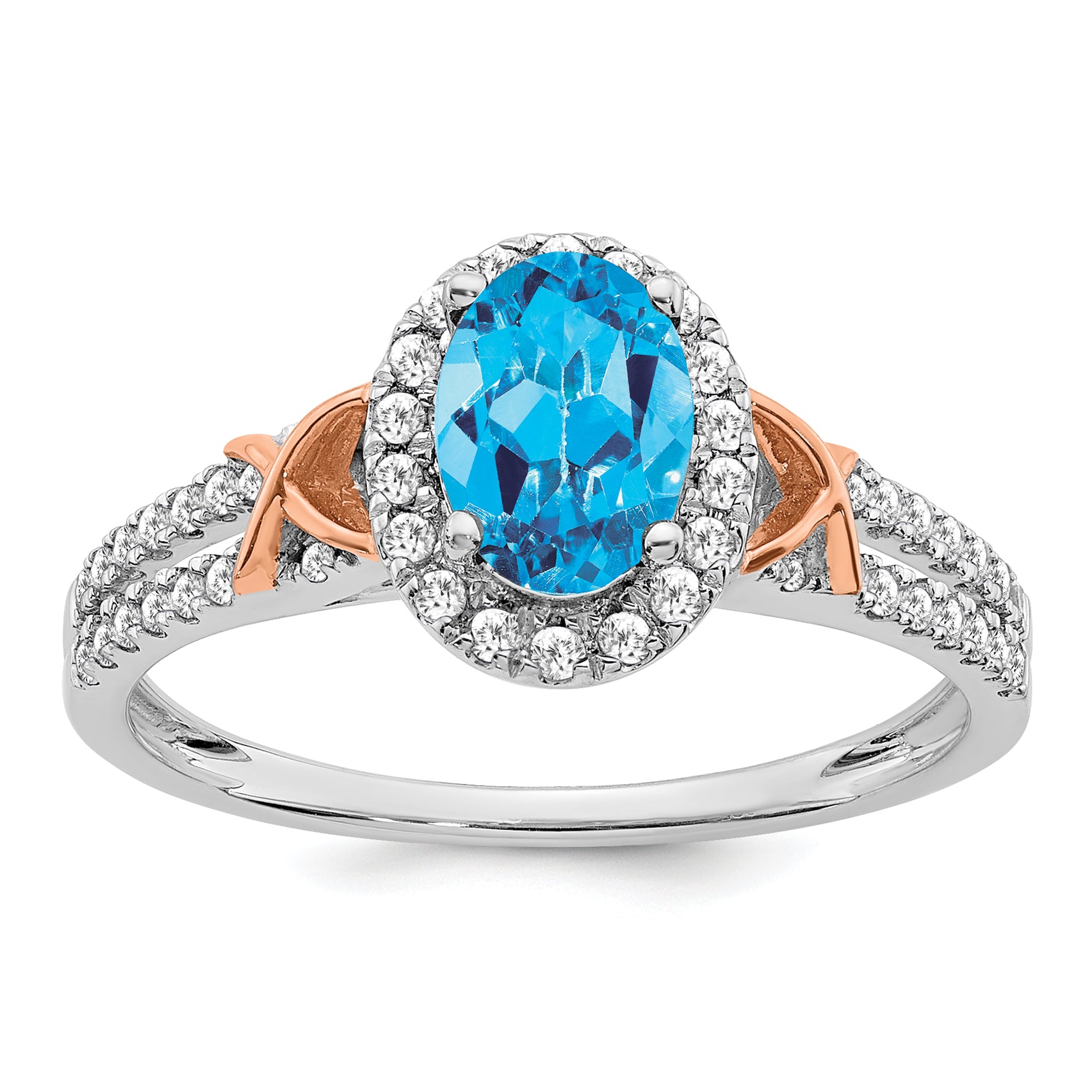 14k White Gold w/RG Accent Blue Topaz and Diamond Halo Ring