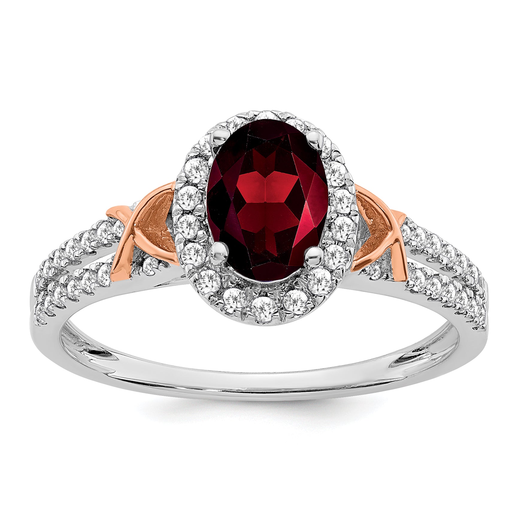 14k White Gold w/RG Accent Garnet and Diamond Halo Ring