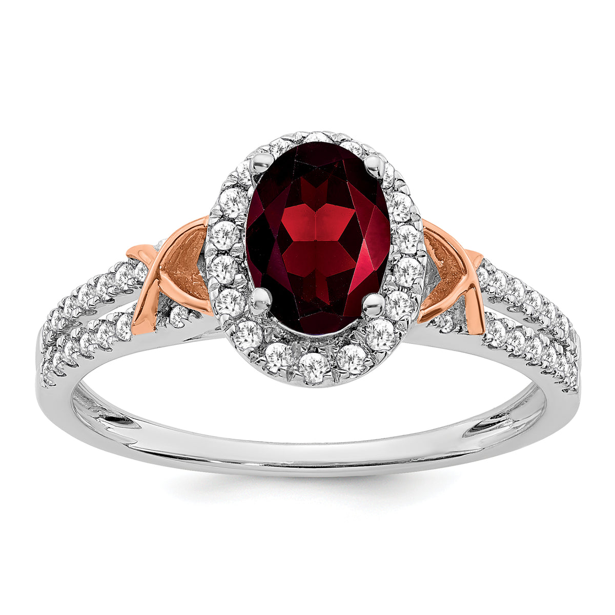 14k White Gold w/RG Accent Garnet and Diamond Halo Ring
