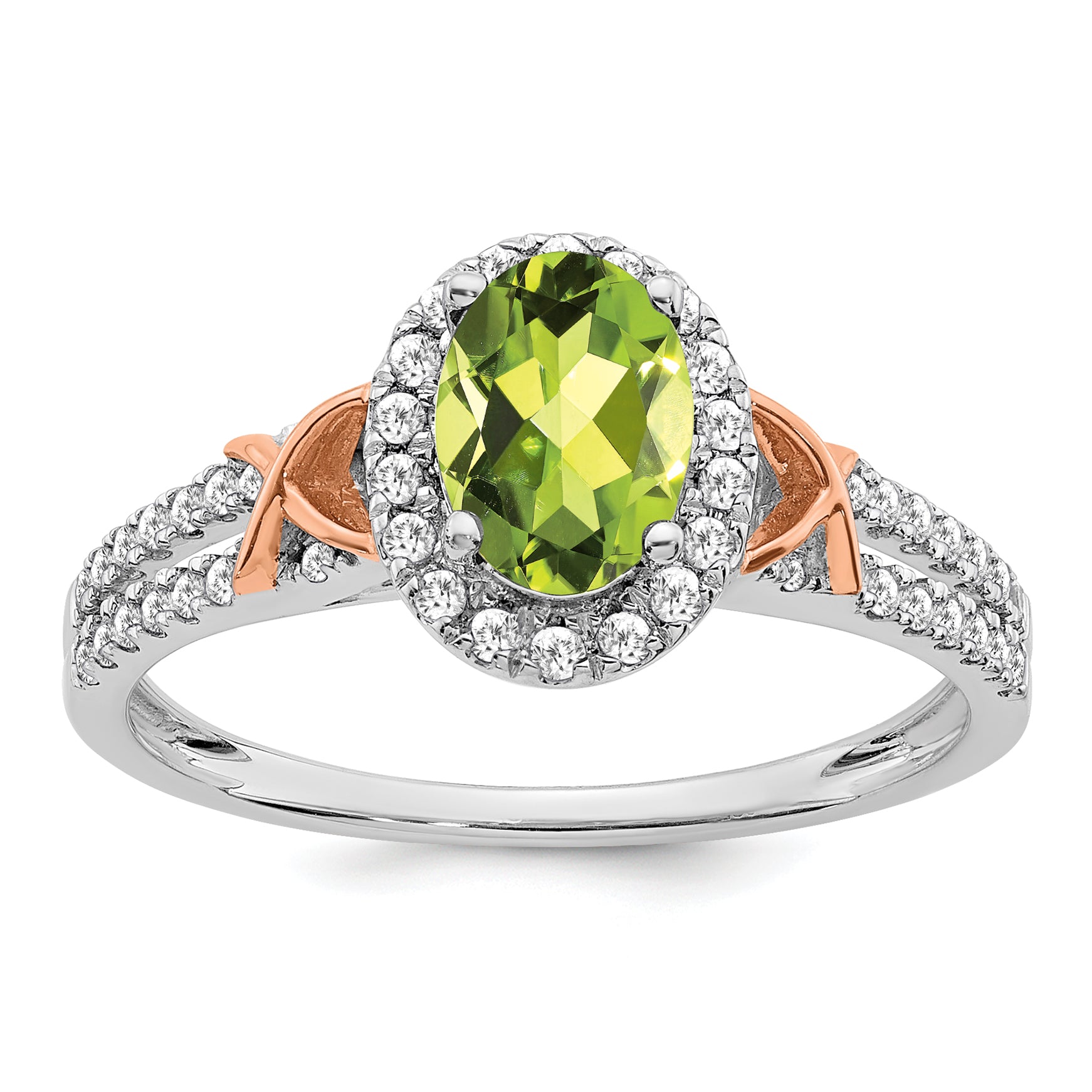 14k White Gold w/RG Accent Peridot and Diamond Halo Ring Main image