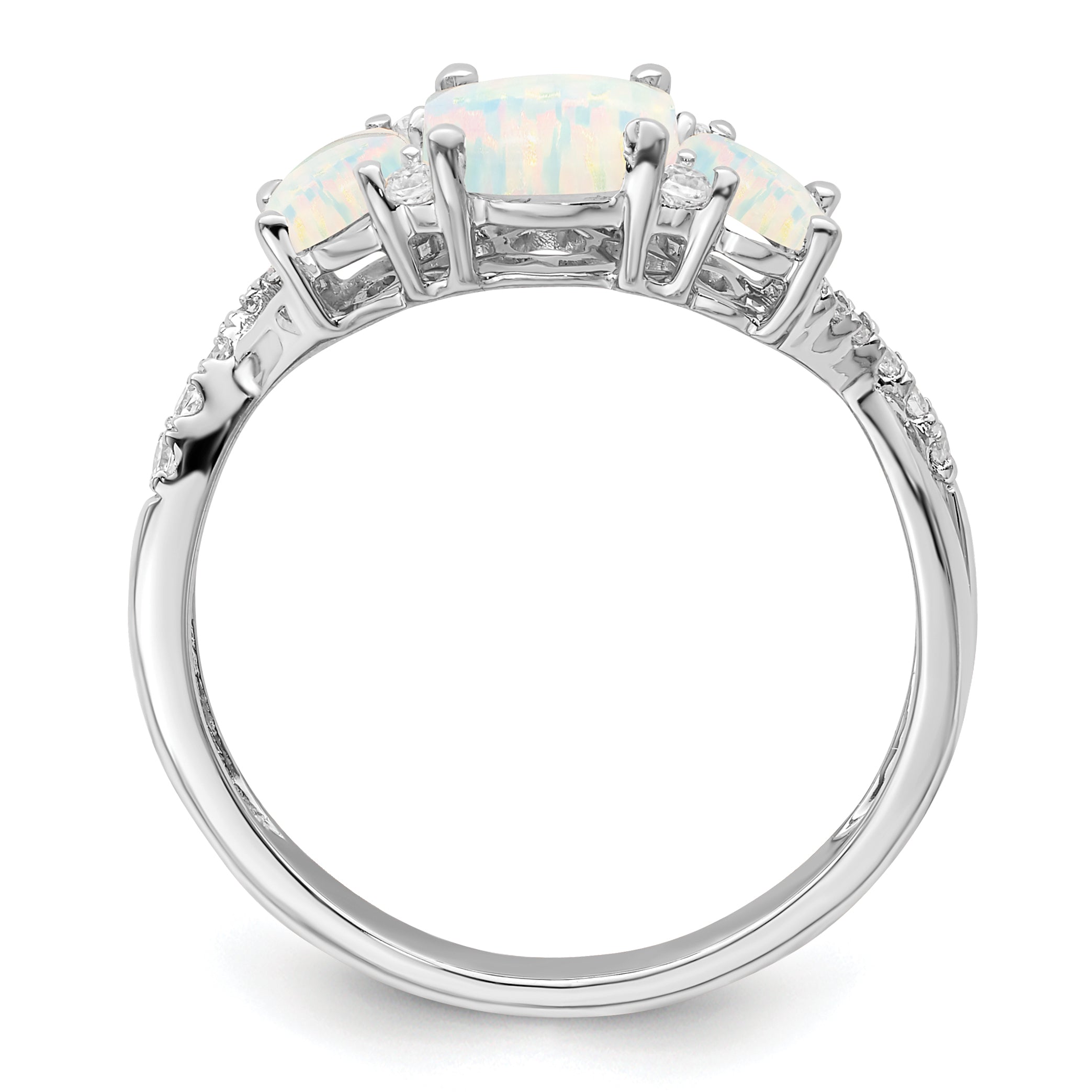  14k White Gold Created Opal and Diamond 3-stone Ring