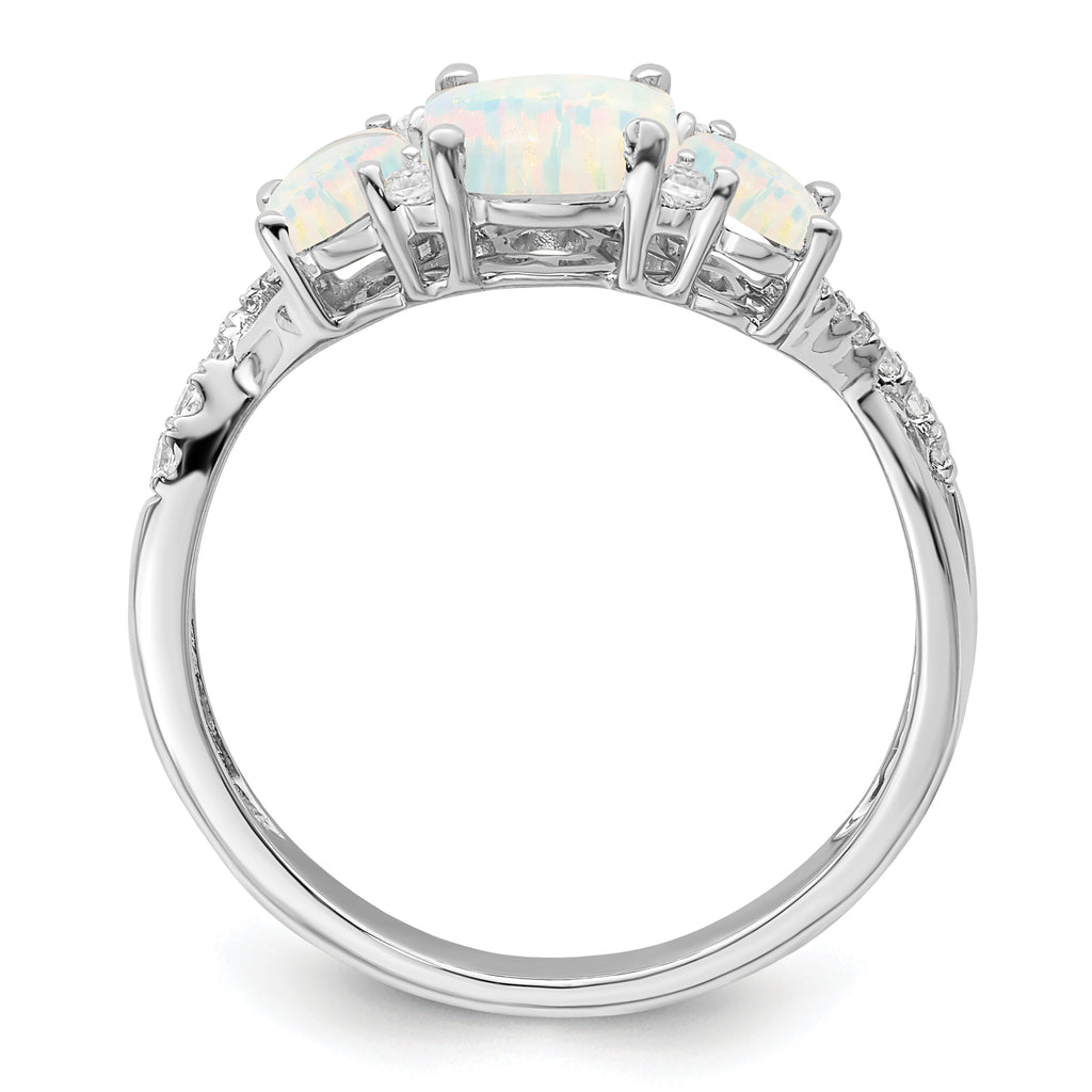  14k White Gold Created Opal and Diamond 3-stone Ring