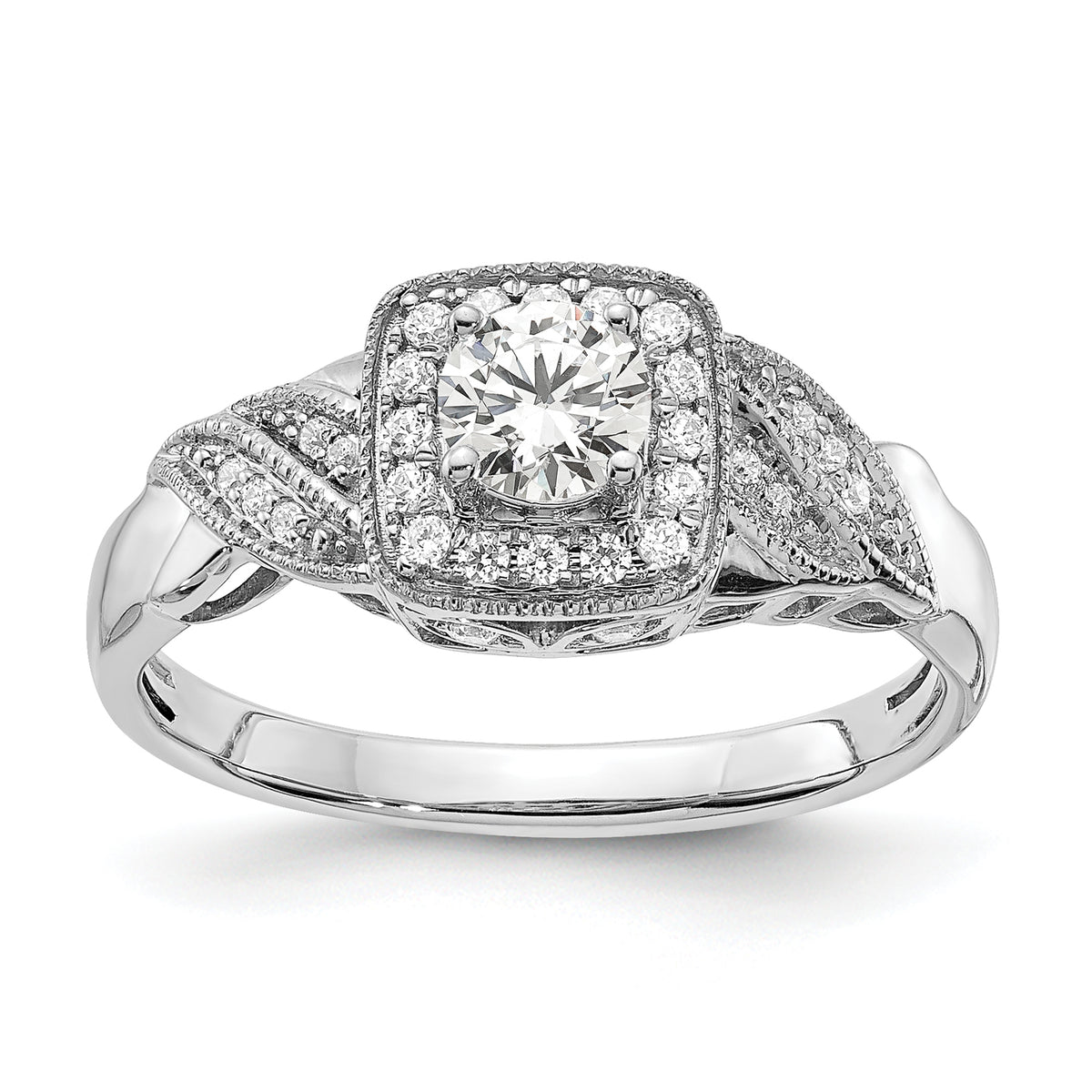 10k White Gold 1/2 carat Lab Grown Diamond VS/SI+ G+ Round Complete Halo Engagement Ring