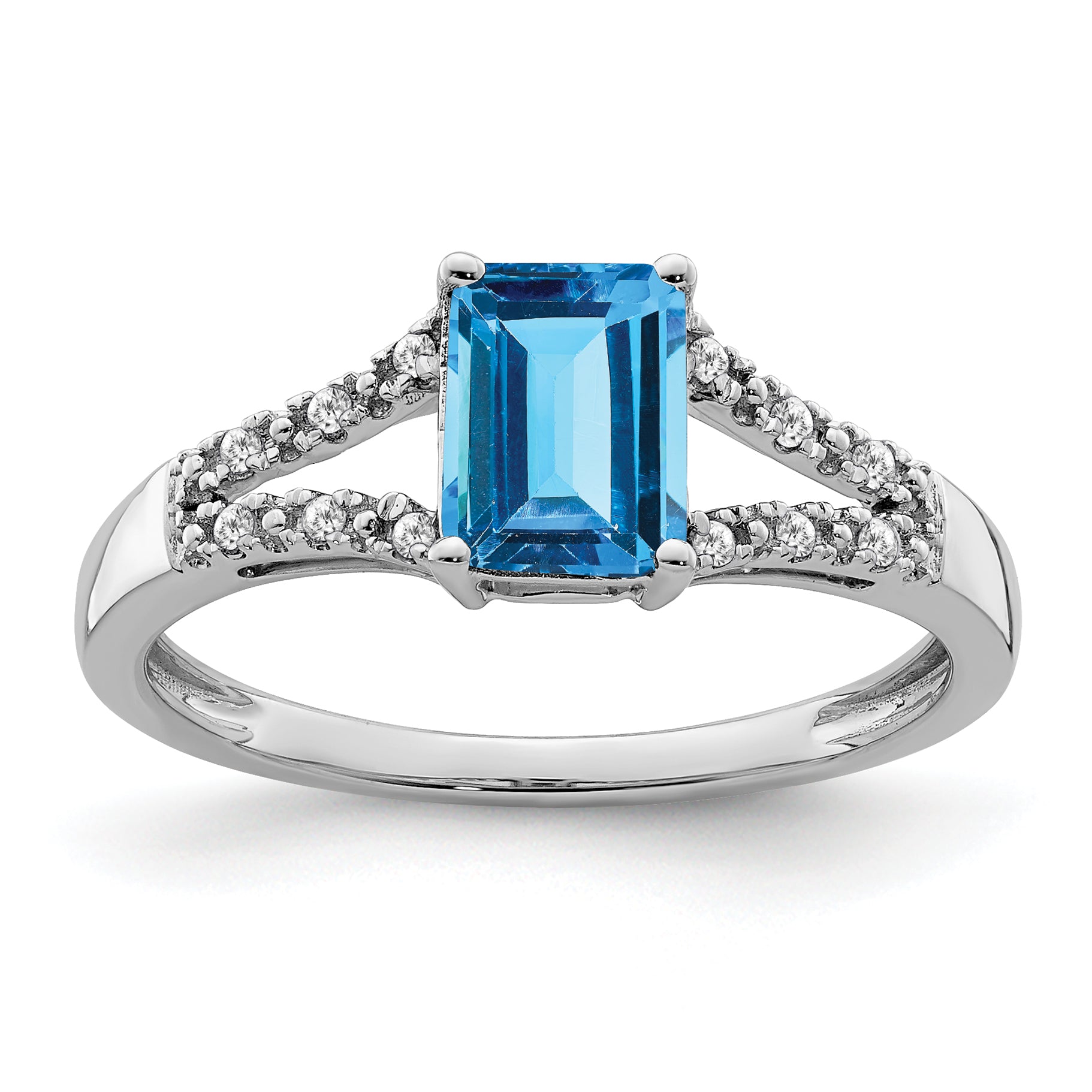14k White Gold Emerald-cut Blue Topaz and Diamond Ring Main image