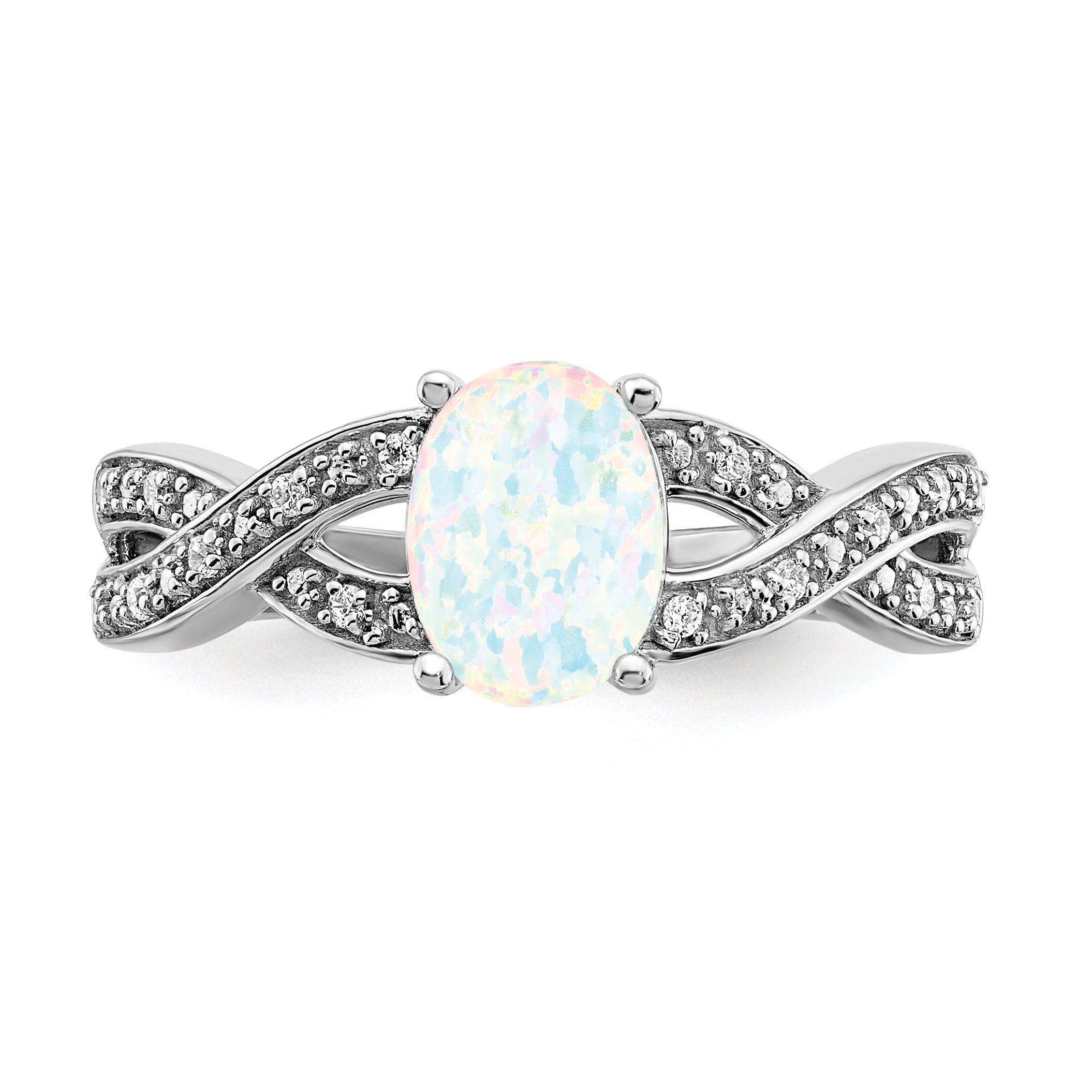  14k White Gold Created Opal and Diamond Ring