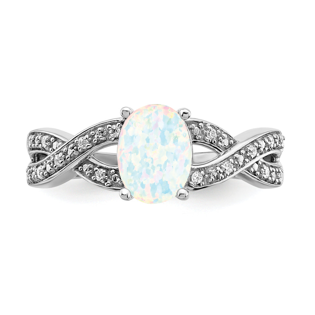  14k White Gold Created Opal and Diamond Ring