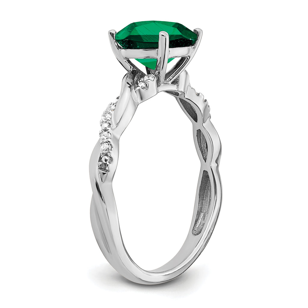 Sterling Silver Rhodium-plated Created Emerald and Diamond Ring