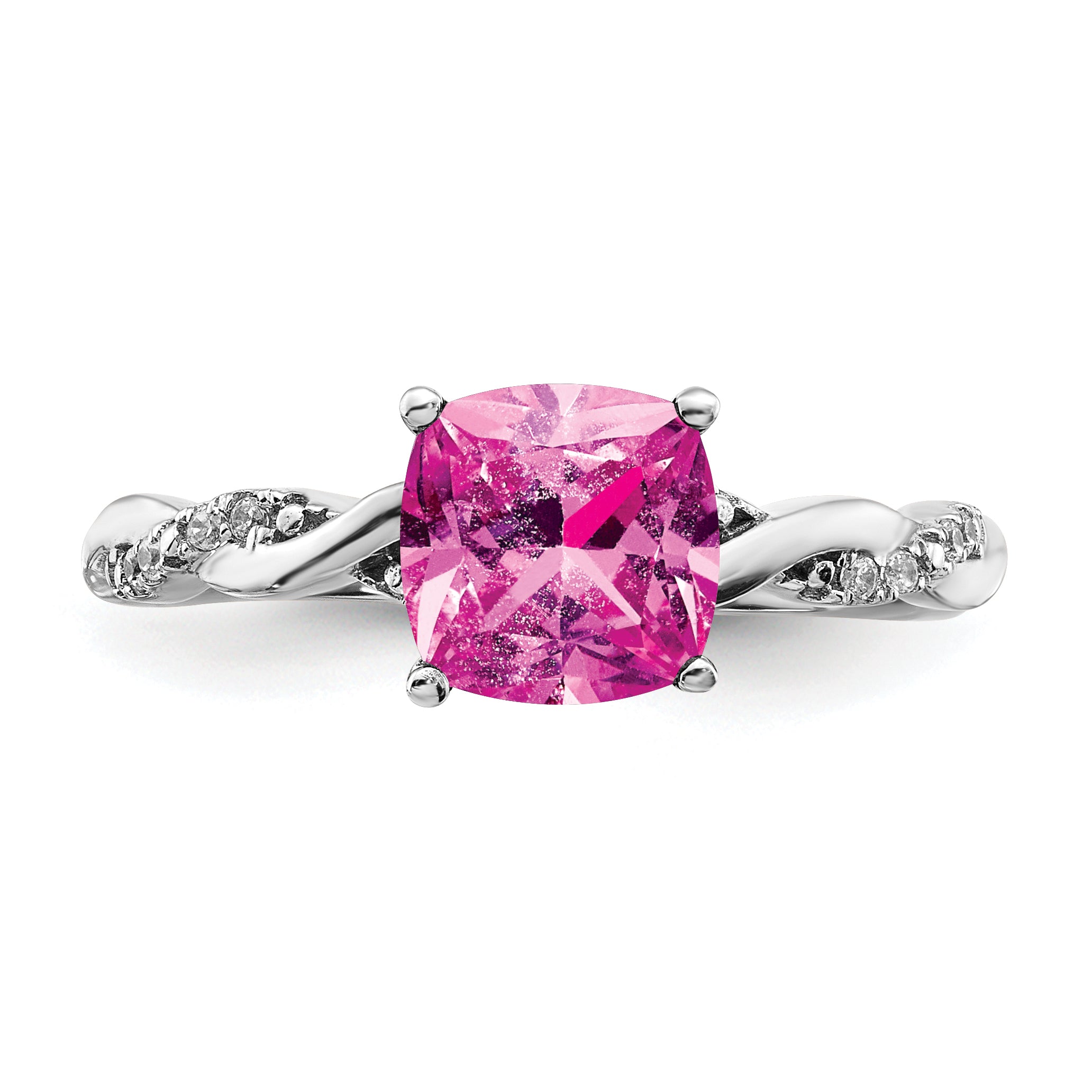Sterling Silver Rhodium-plated Created Pink Sapphire and Diamond Ring