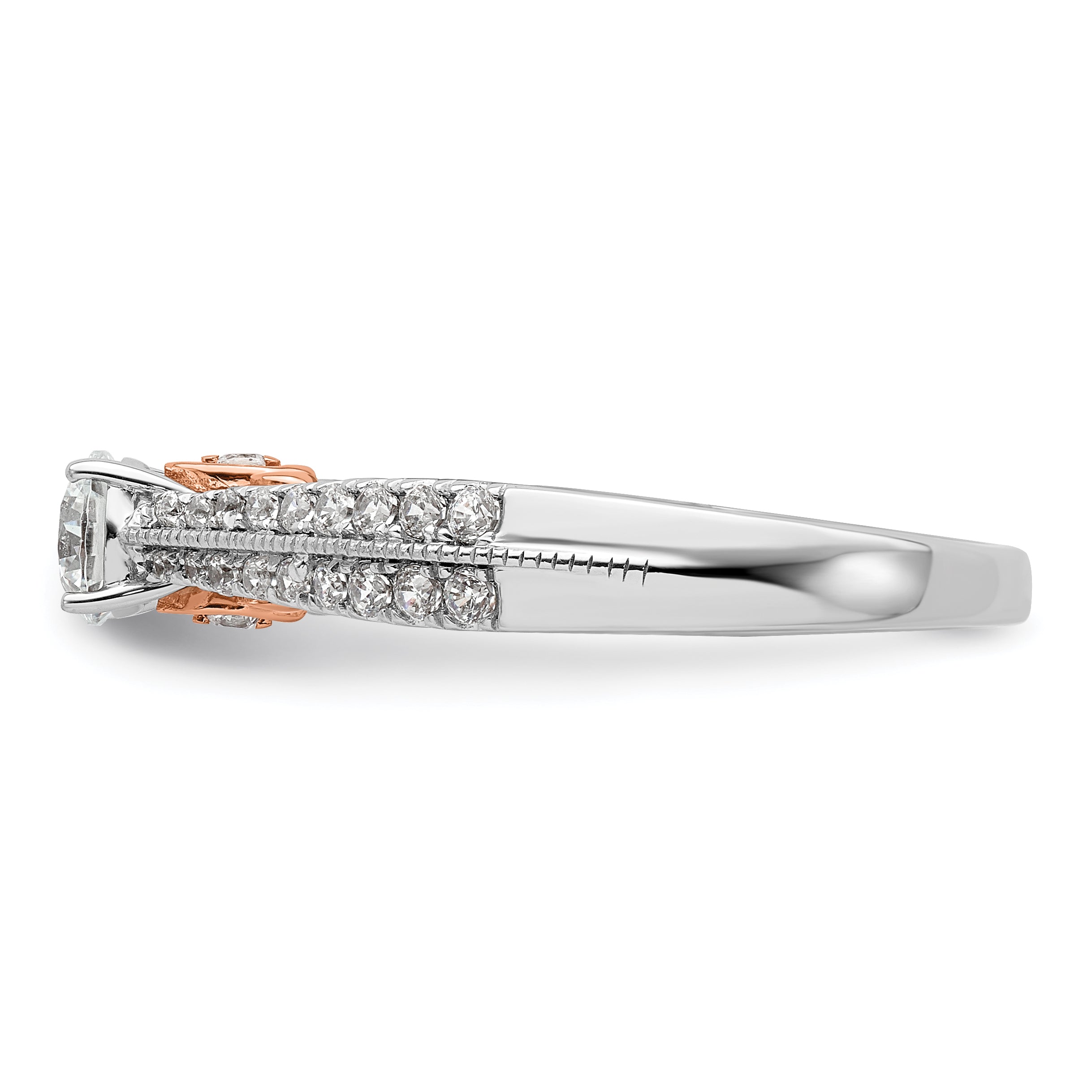 10k Two Tone Rose and White Gold 3/4 carat Lab Grown Diamond VS/SI+ G+ Round Complete Channel Set Shared Prong Engagement Ring