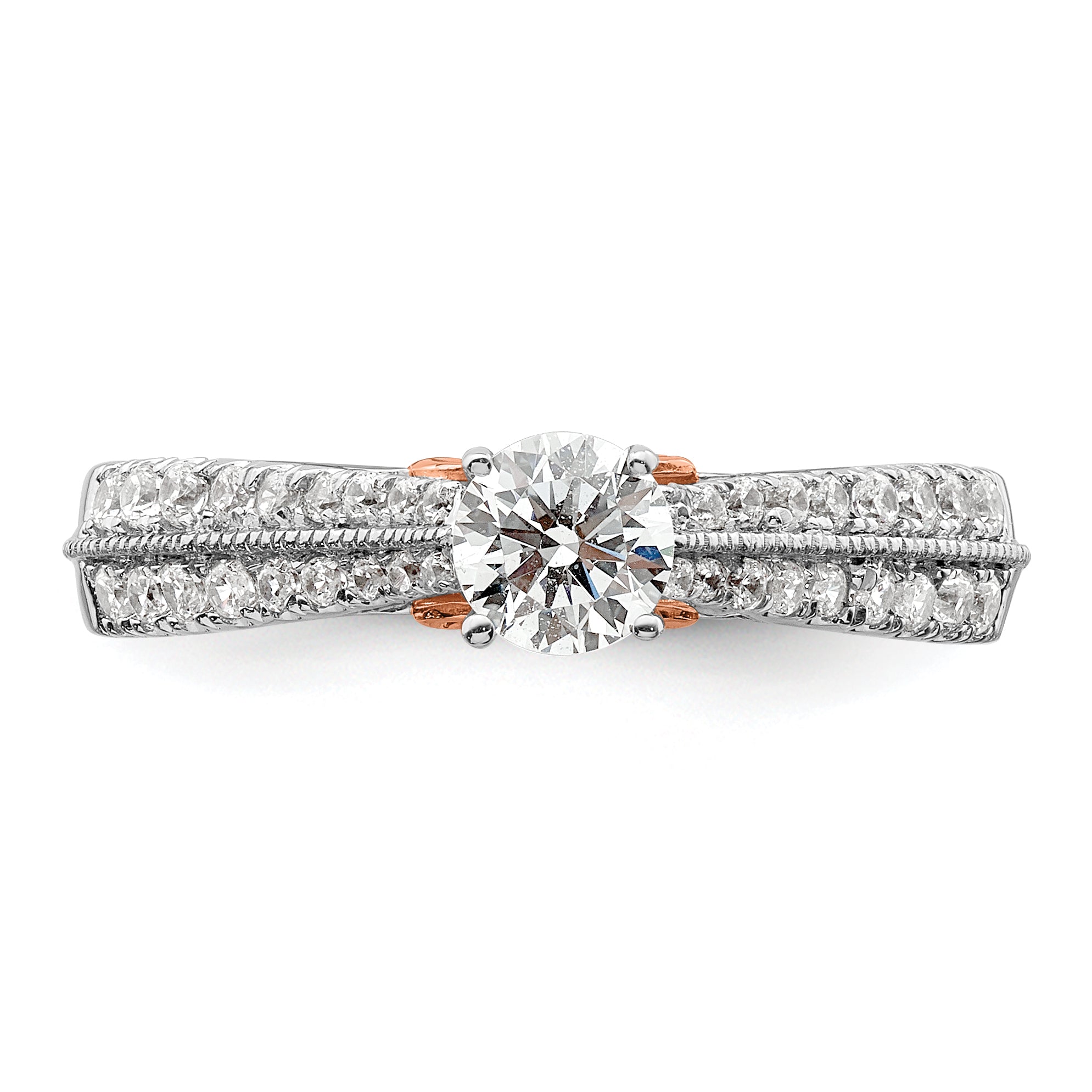 10k Two Tone Rose and White Gold 3/4 carat Lab Grown Diamond VS/SI+ G+ Round Complete Channel Set Shared Prong Engagement Ring