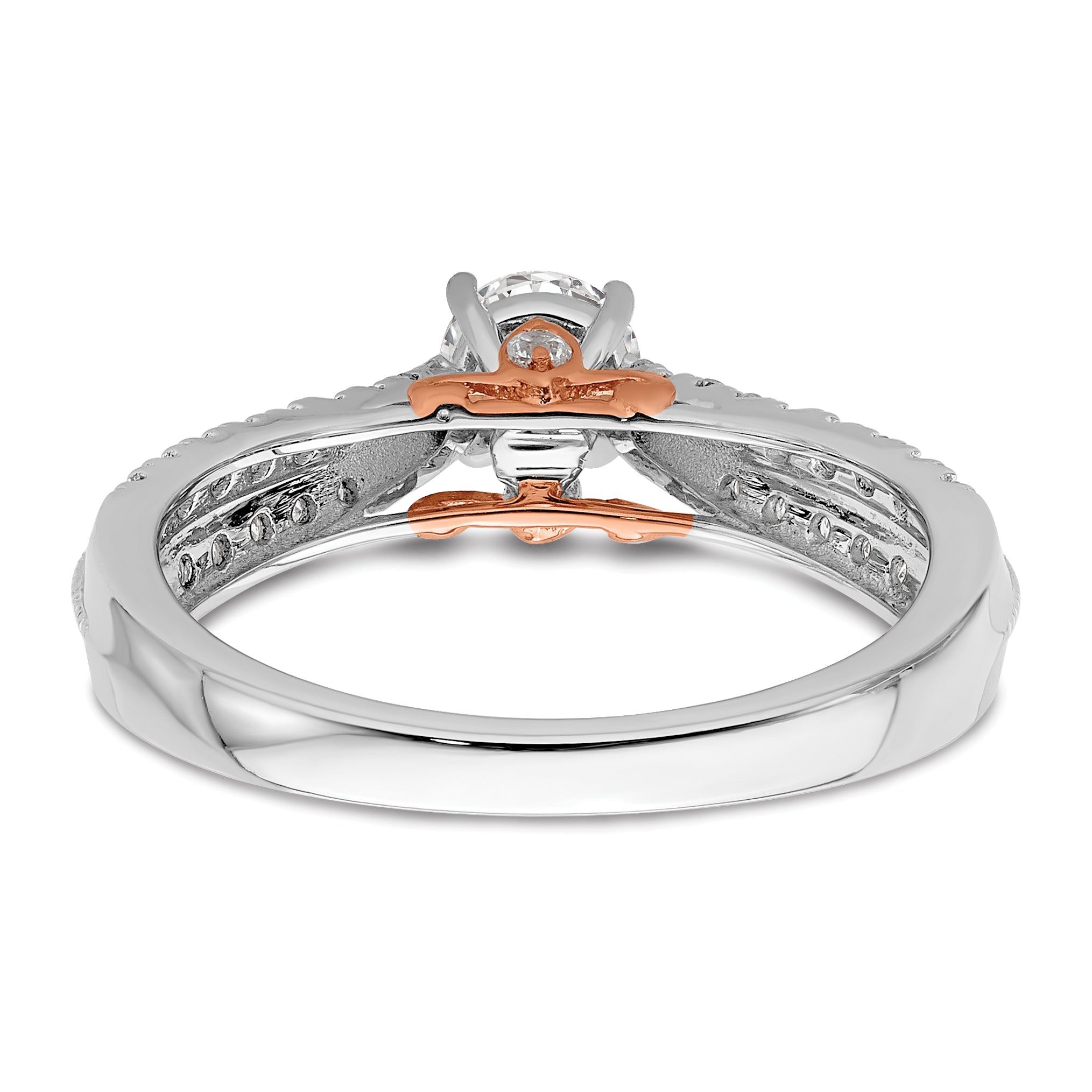 10k Two Tone Rose and White Gold 3/4 carat Lab Grown Diamond VS/SI+ G+ Round Complete Channel Set Shared Prong Engagement Ring