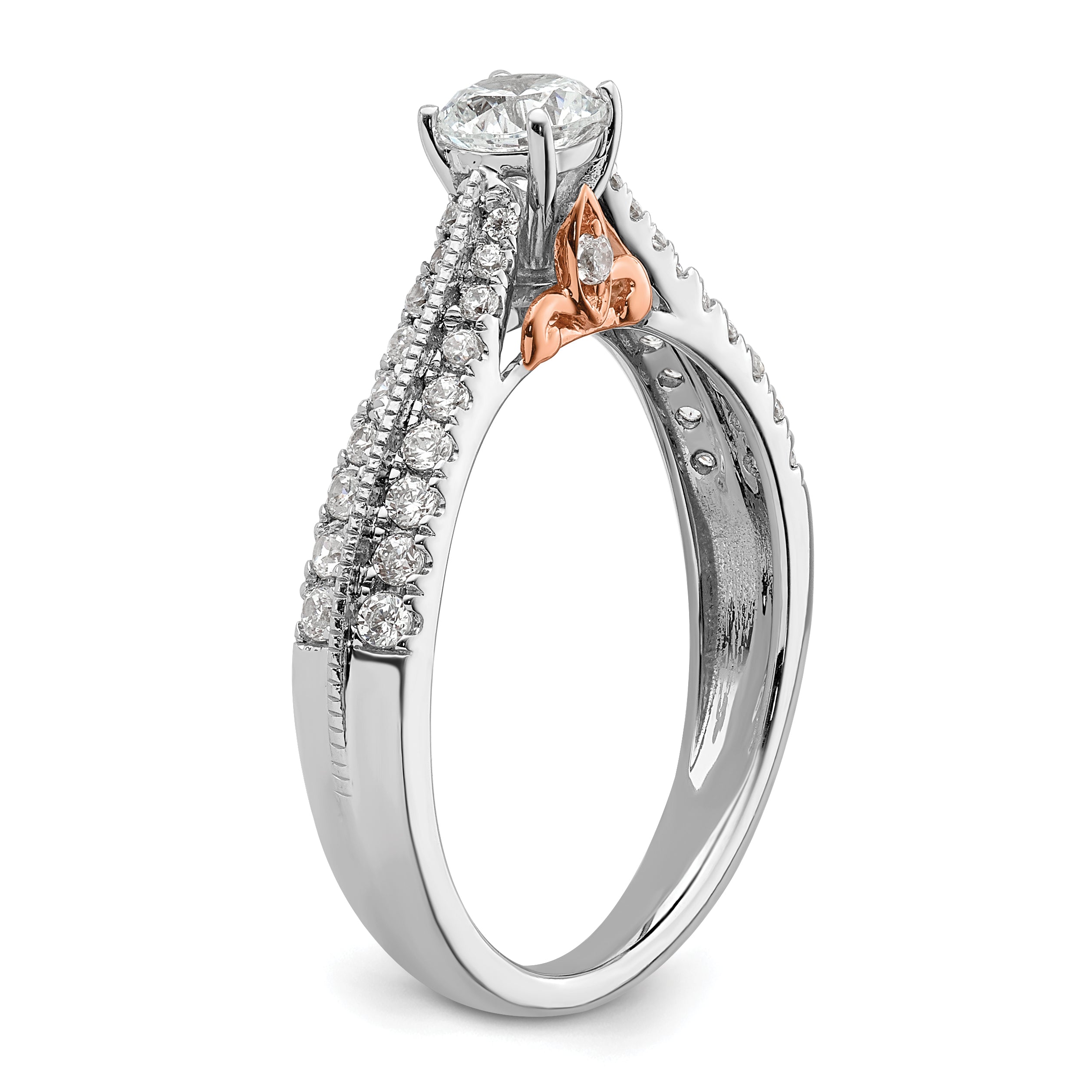 10k Two Tone Rose and White Gold 3/4 carat Lab Grown Diamond VS/SI+ G+ Round Complete Channel Set Shared Prong Engagement Ring