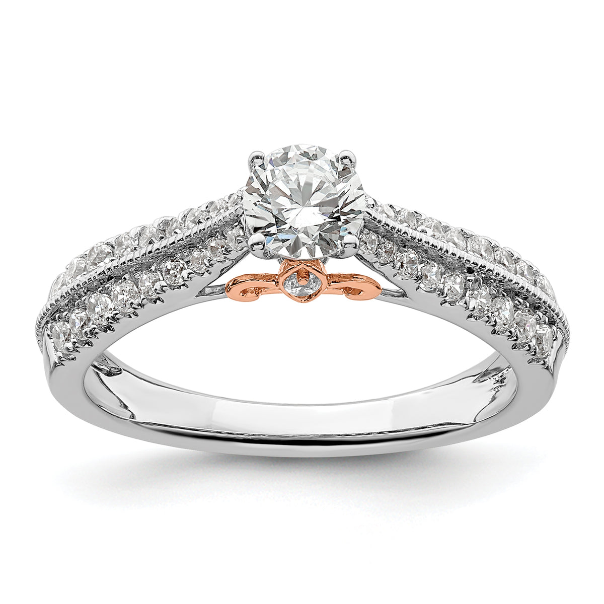 10k Two Tone Rose and White Gold 3/4 carat Lab Grown Diamond VS/SI+ G+ Round Complete Channel Set Shared Prong Engagement Ring