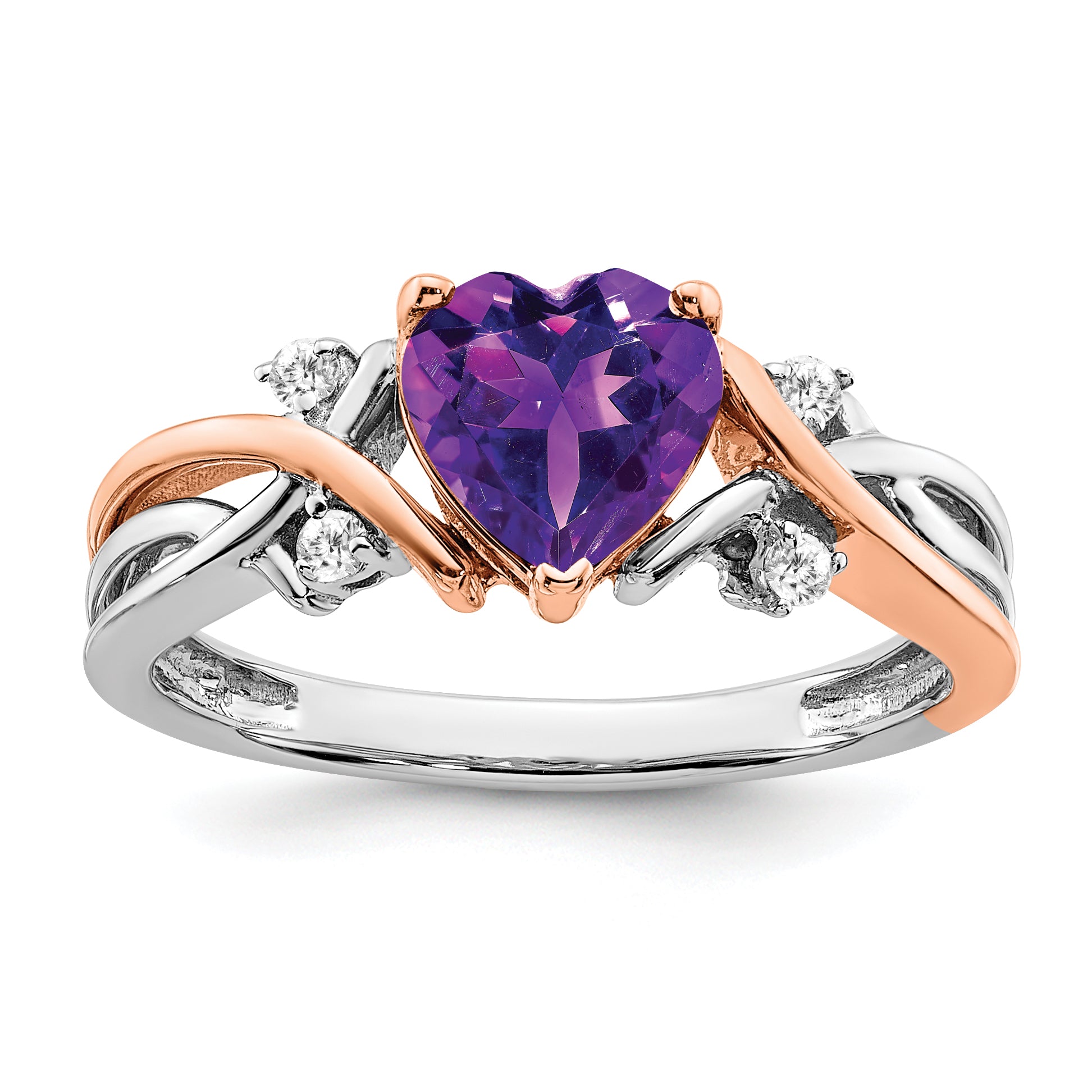 14k Two-tone Heart Amethyst and Diamond Ring Main image