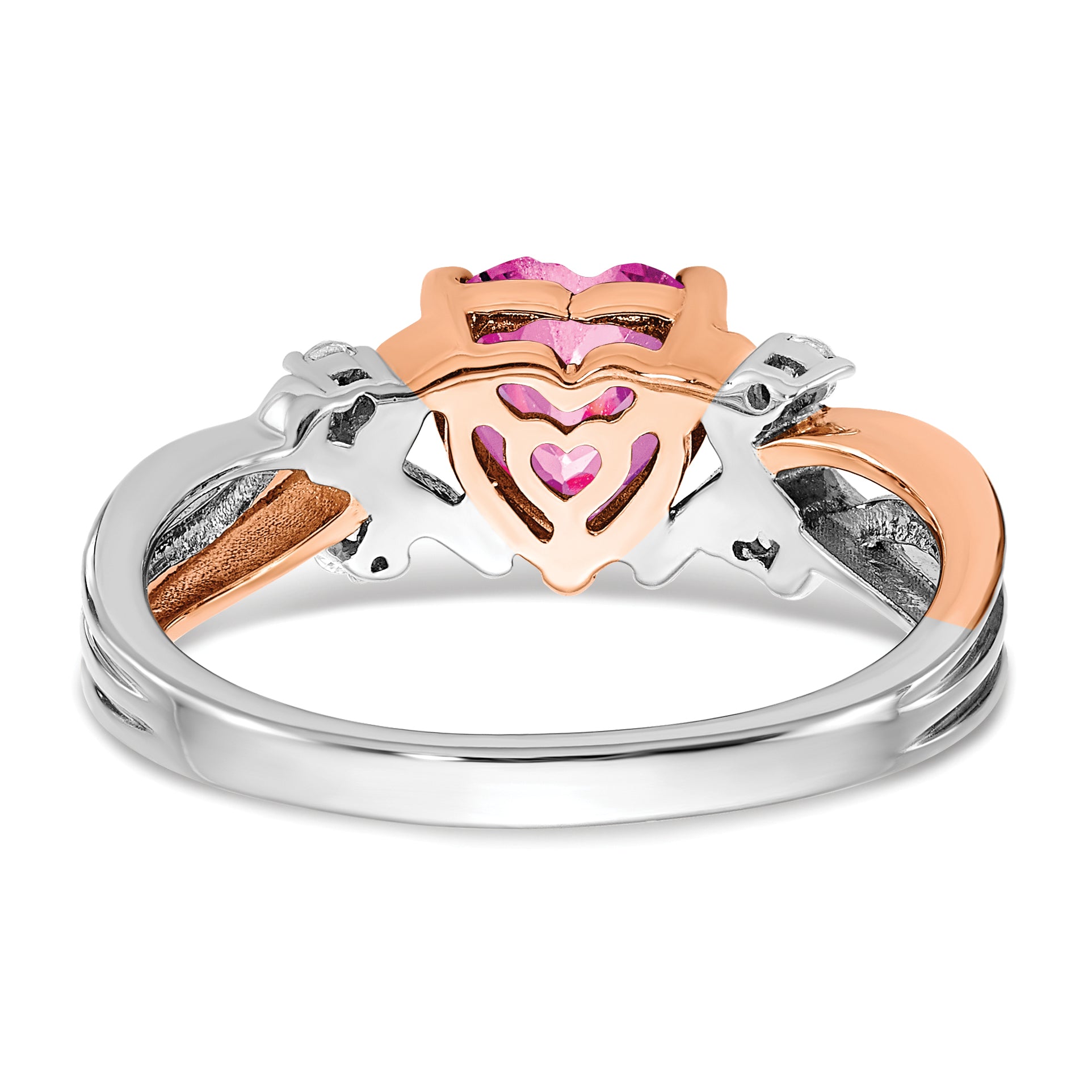 14k Two-tone Heart Created Pink Sapphire and Diamond Ring