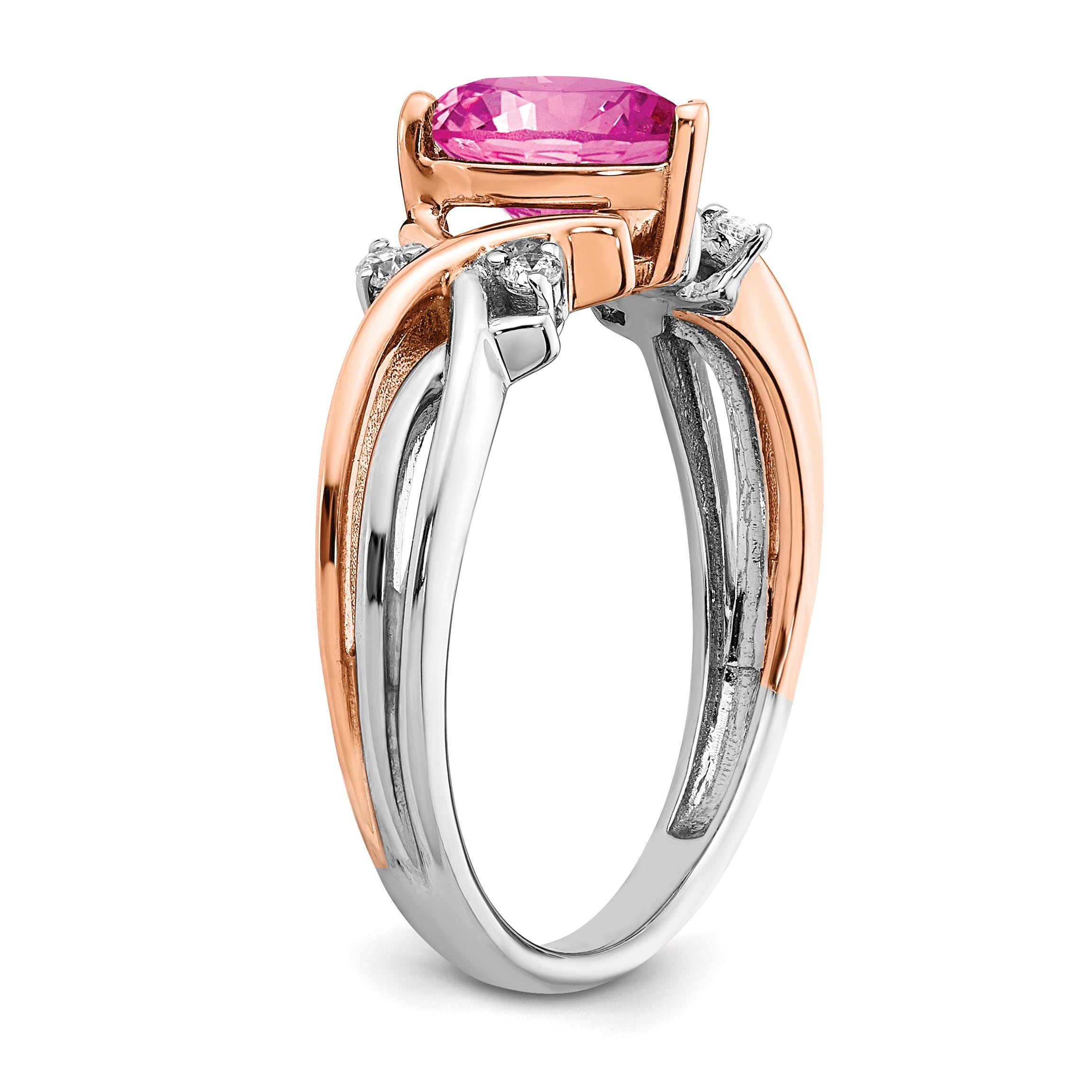 14k Two-tone Heart Created Pink Sapphire and Diamond Ring