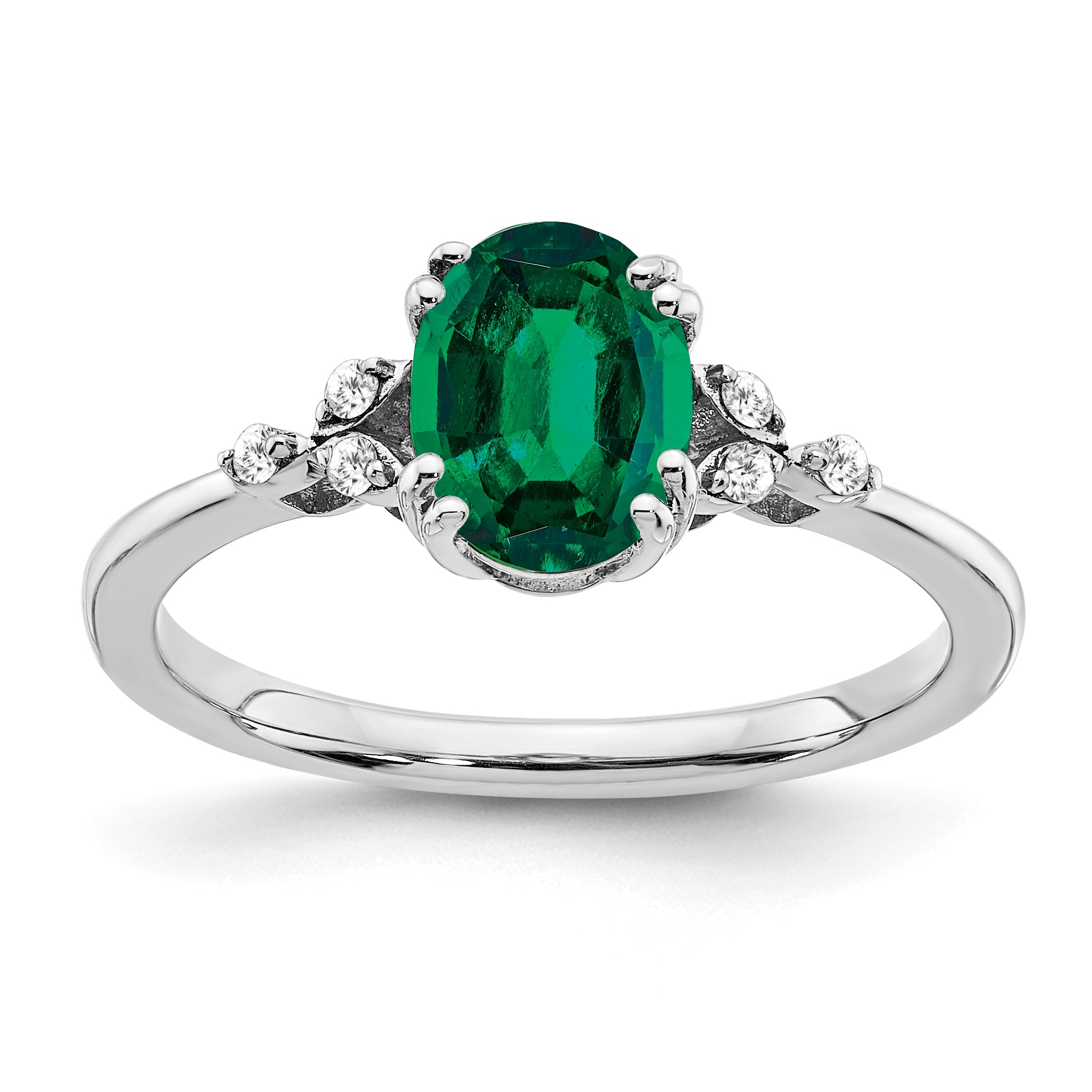 Sterling Silver Rhodium-plated Created Emerald and Diamond Ring Main image
