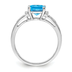14k White Gold Cushion Blue Topaz and Diamond Ring
