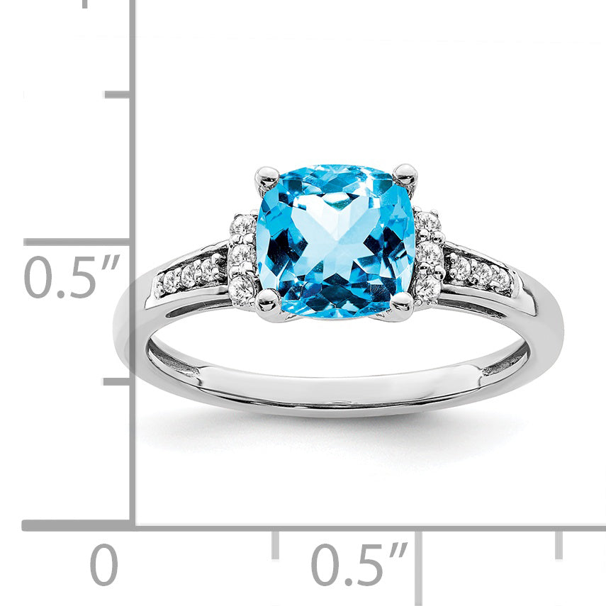 14k White Gold Cushion Blue Topaz and Diamond Ring