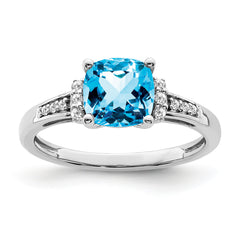 14k White Gold Cushion Blue Topaz and Diamond Ring