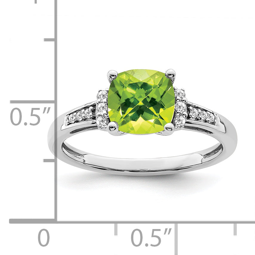 14k White Gold Cushion Peridot and Diamond Ring
