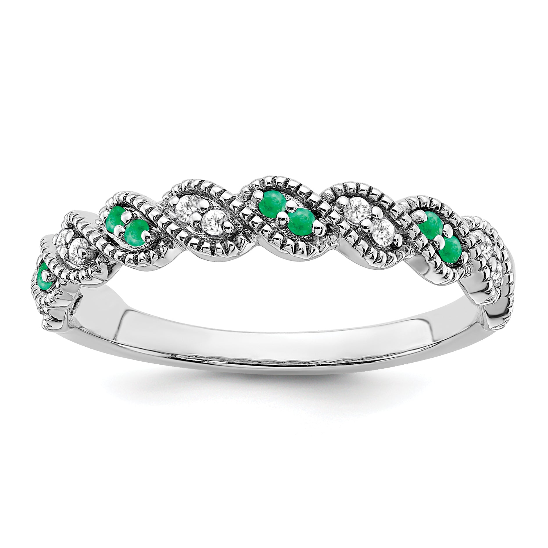 14k White Gold Emerald and Diamond Twist Band Main image