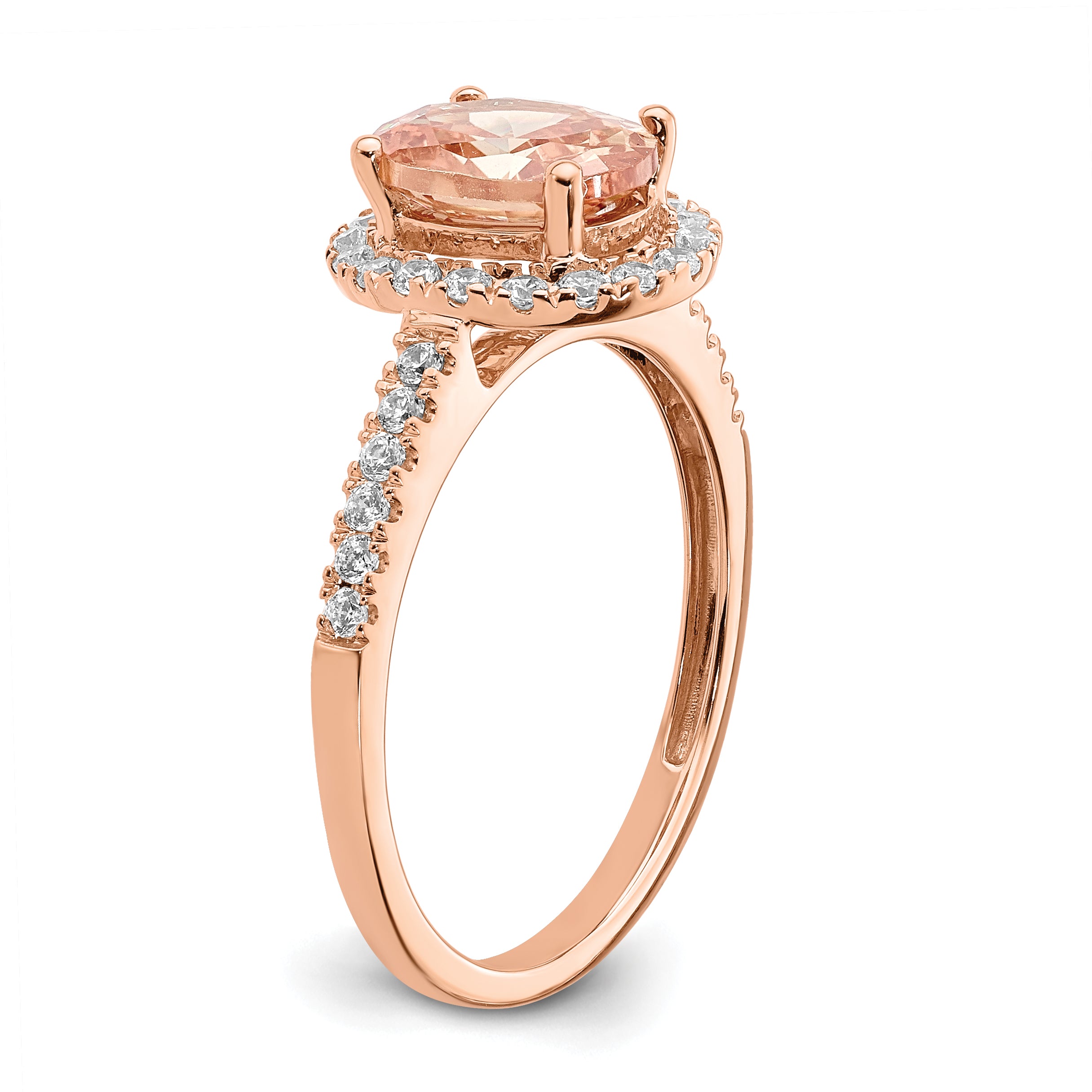 Pure Serenity 14k Rose Gold 1/3 carat Lab Grown Diamond VS/SI+ G+ and Oval Morganite Halo Engagement Ring